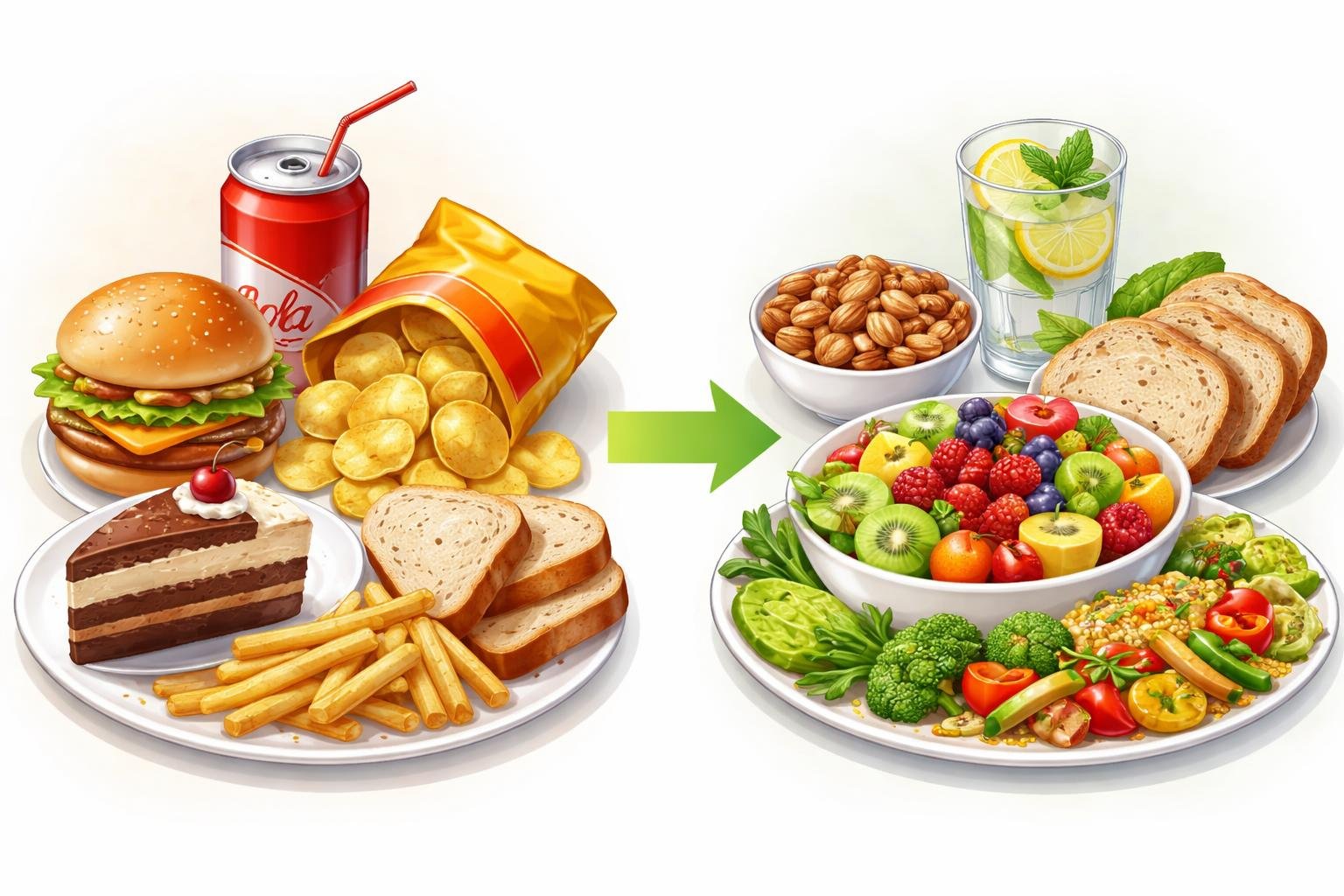 Two plates showing unhealthy foods like soda and chips on one side and healthier alternatives like sparkling water and nuts on the other side.