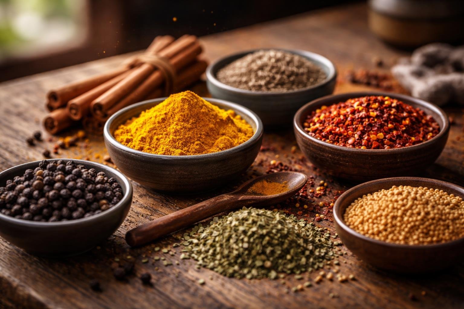 Close-up of seven different spices on a wooden kitchen table, including turmeric, chili flakes, cumin seeds, cinnamon sticks, black peppercorns, oregano, and mustard seeds, arranged in bowls and scattered naturally.