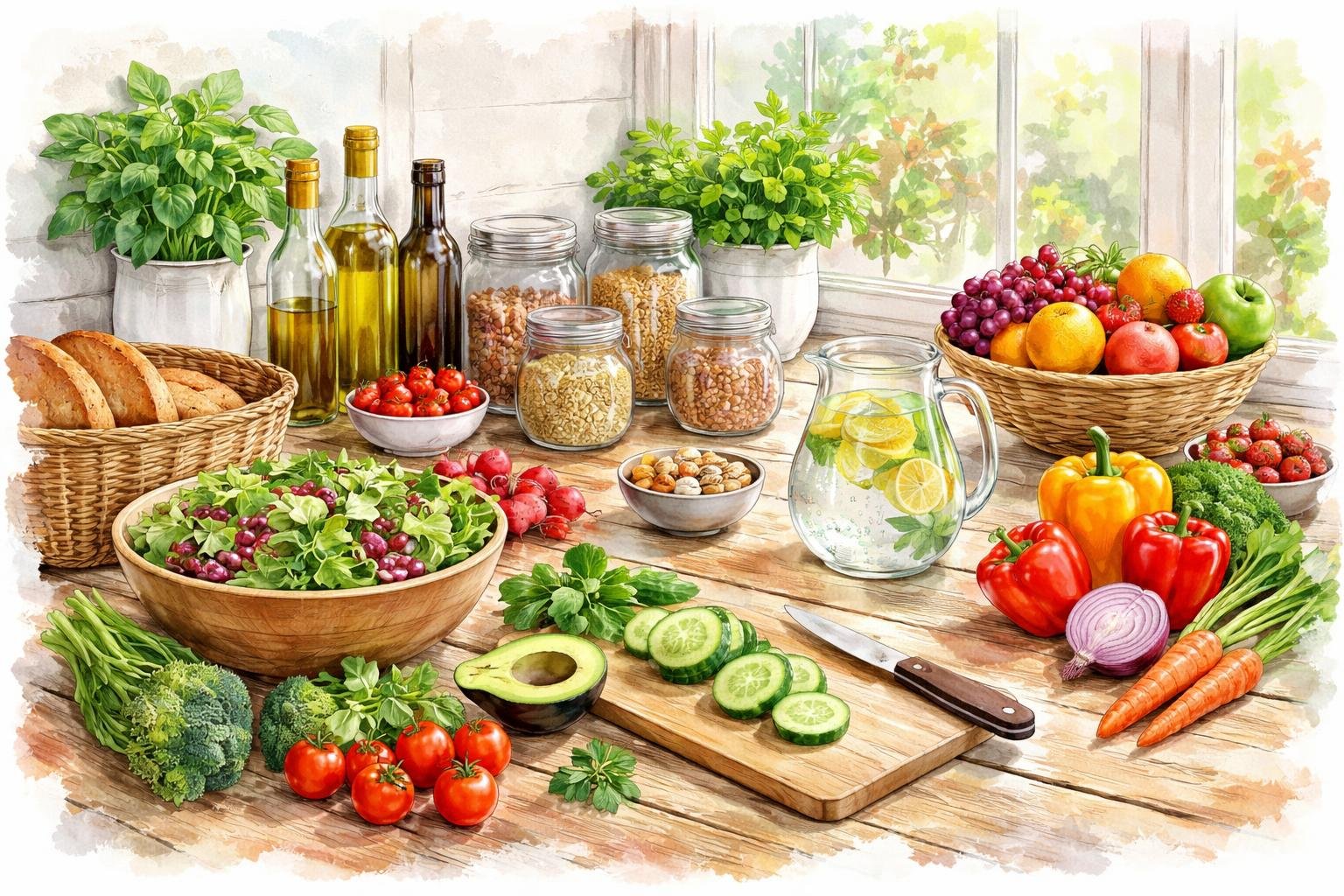 A bright kitchen countertop with fresh fruits, vegetables, kitchen tools, and jars arranged neatly, suggesting a healthy cooking environment.