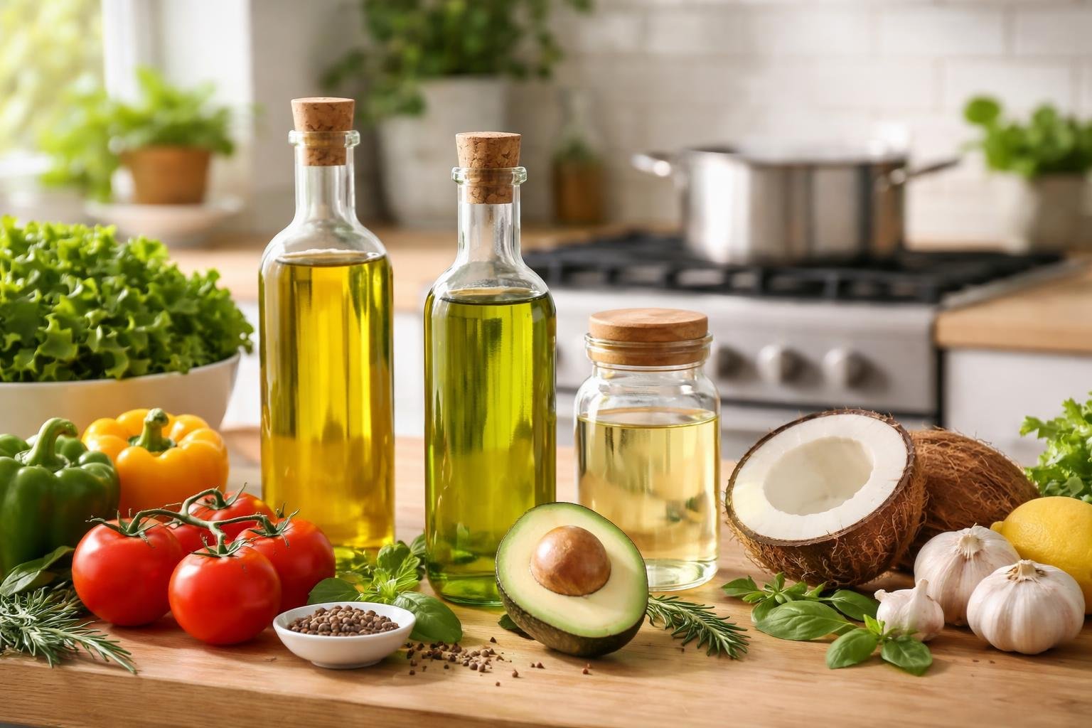 A clean kitchen countertop with bottles of healthy cooking oils and fresh vegetables next to a stove with a pot simmering.