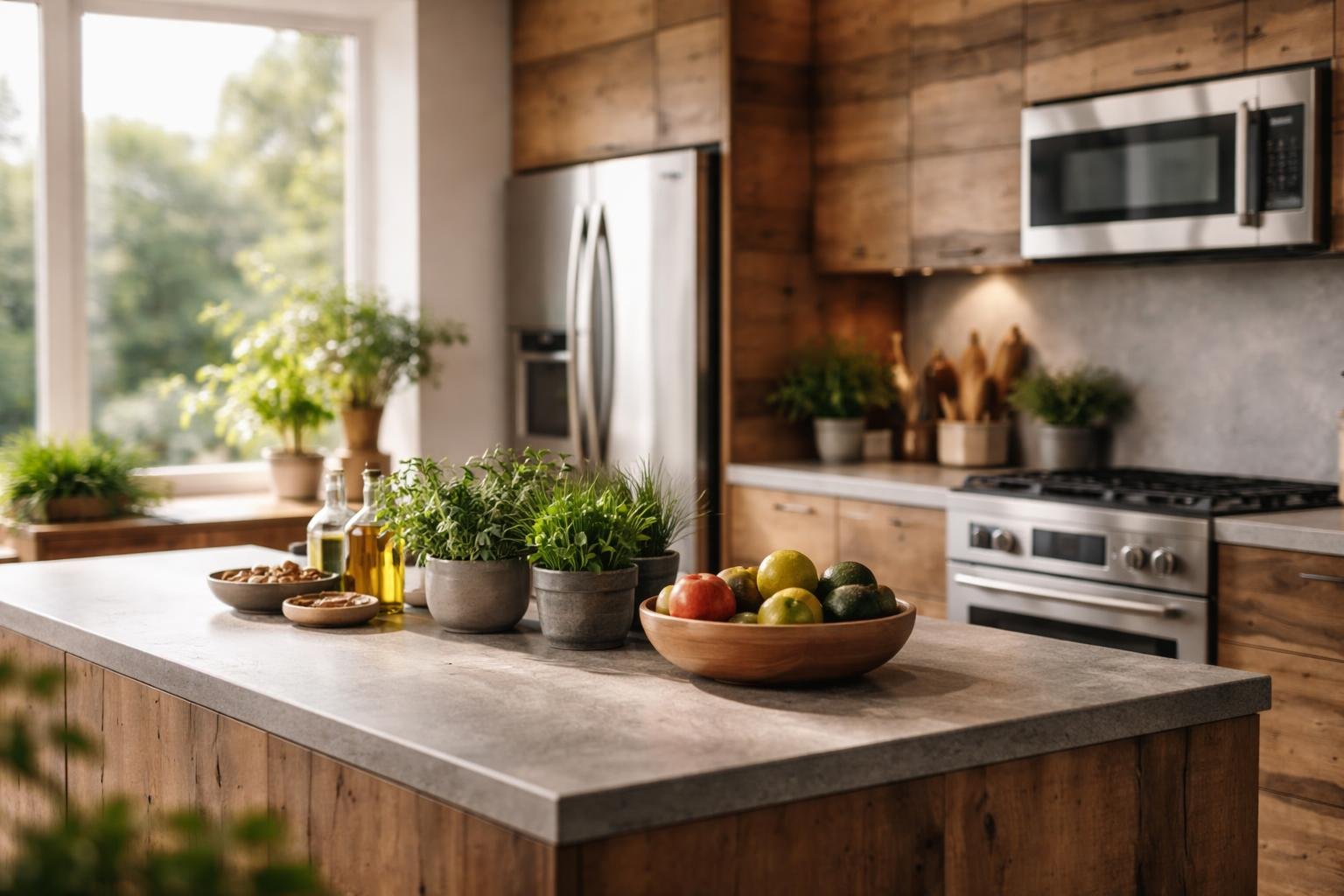 A bright, modern kitchen with wooden cabinets, stone countertops, fresh herbs, and organic fruits on the island.