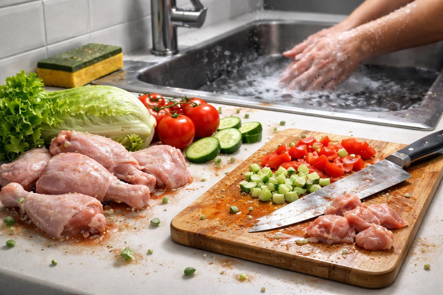 A kitchen countertop showing raw chicken next to fresh vegetables on a cutting board, with droplets and bacteria particles illustrating cross-contamination risks.