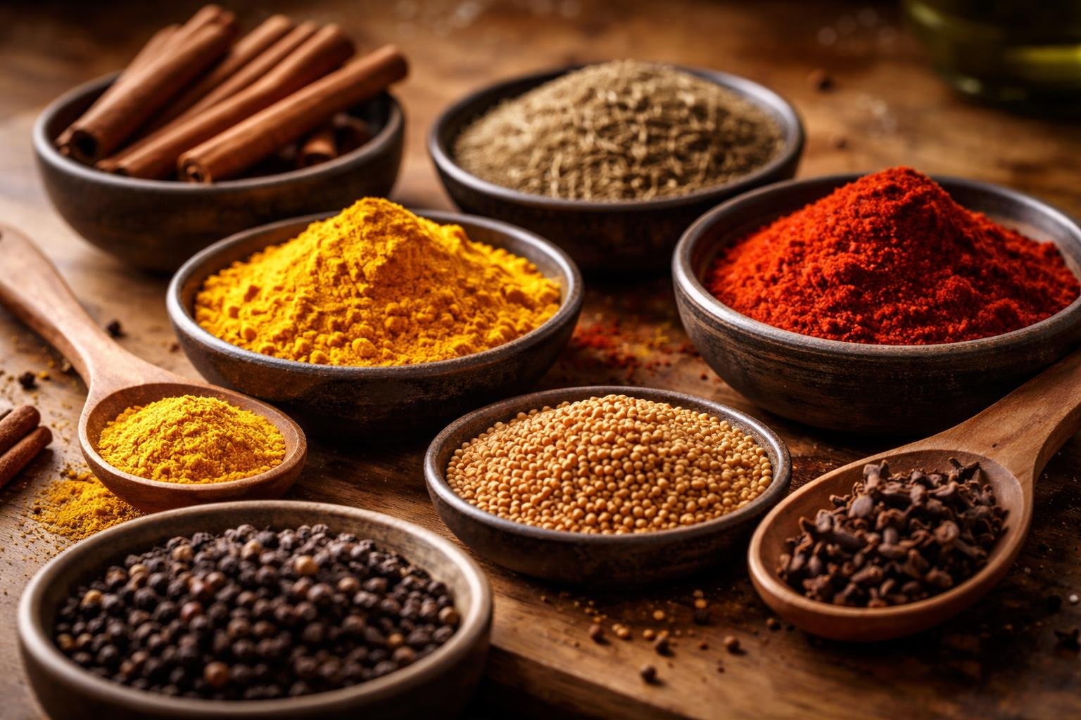 Close-up of seven different spices in ceramic bowls and wooden spoons on a kitchen countertop.