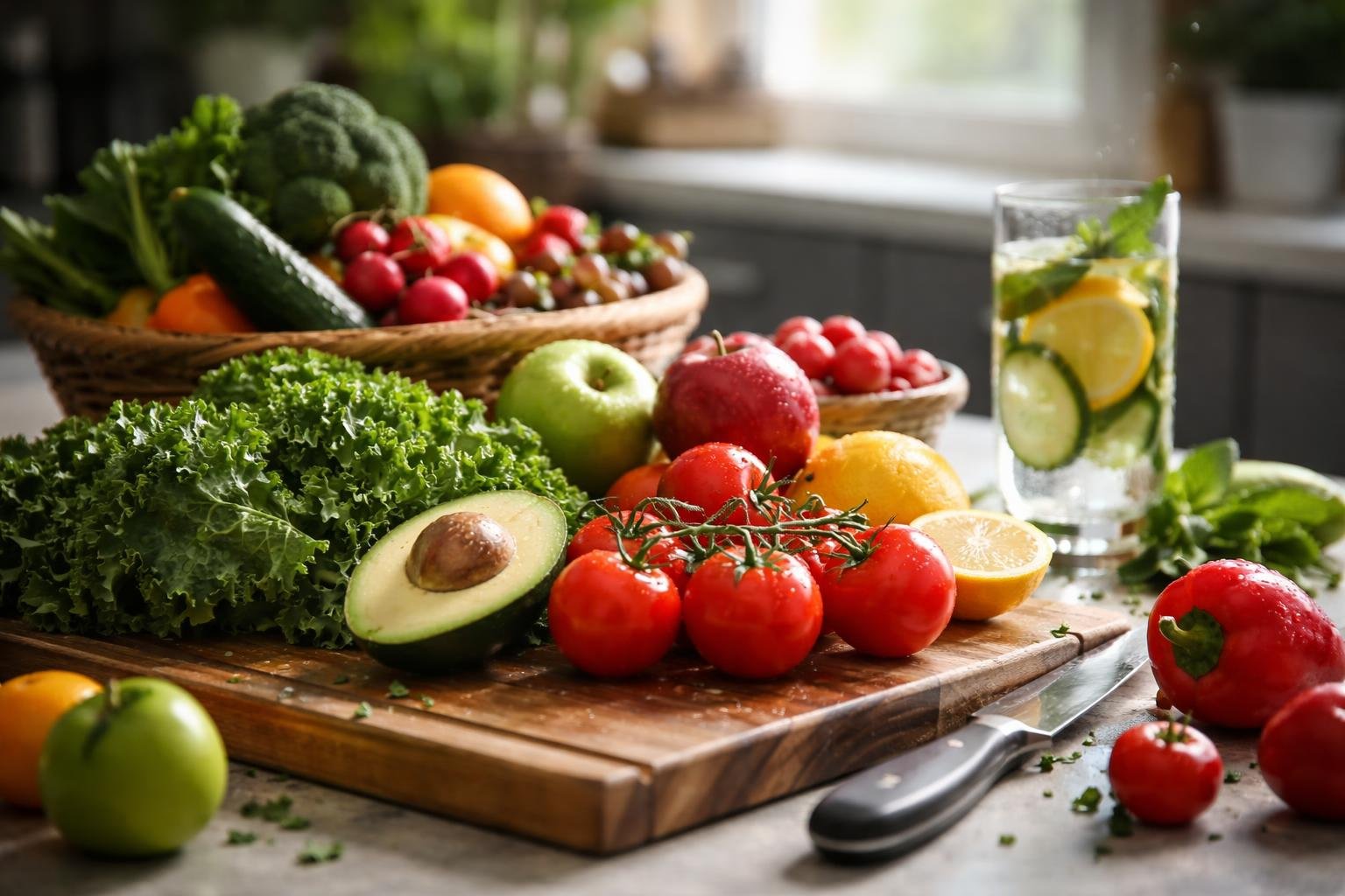 A modern kitchen countertop with fresh fruits and vegetables, a wooden cutting board, a glass of infused water, and a knife, bathed in natural light.