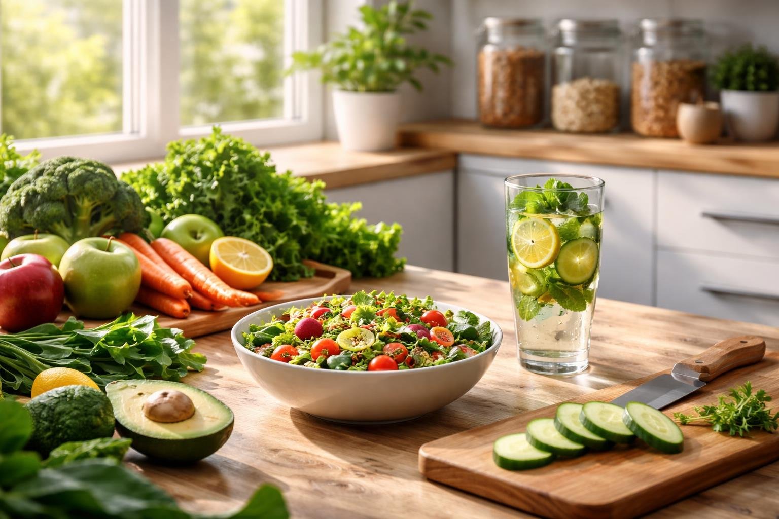 A bright modern kitchen countertop with fresh fruits, vegetables, and a glass of infused water, surrounded by organized shelves with jars of grains and spices.