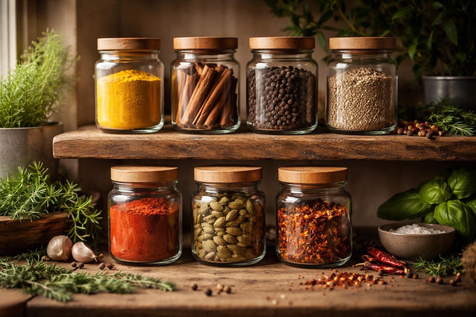 A neatly arranged set of seven essential spices in glass jars on wooden shelves in a kitchen, surrounded by fresh herbs and whole spices.