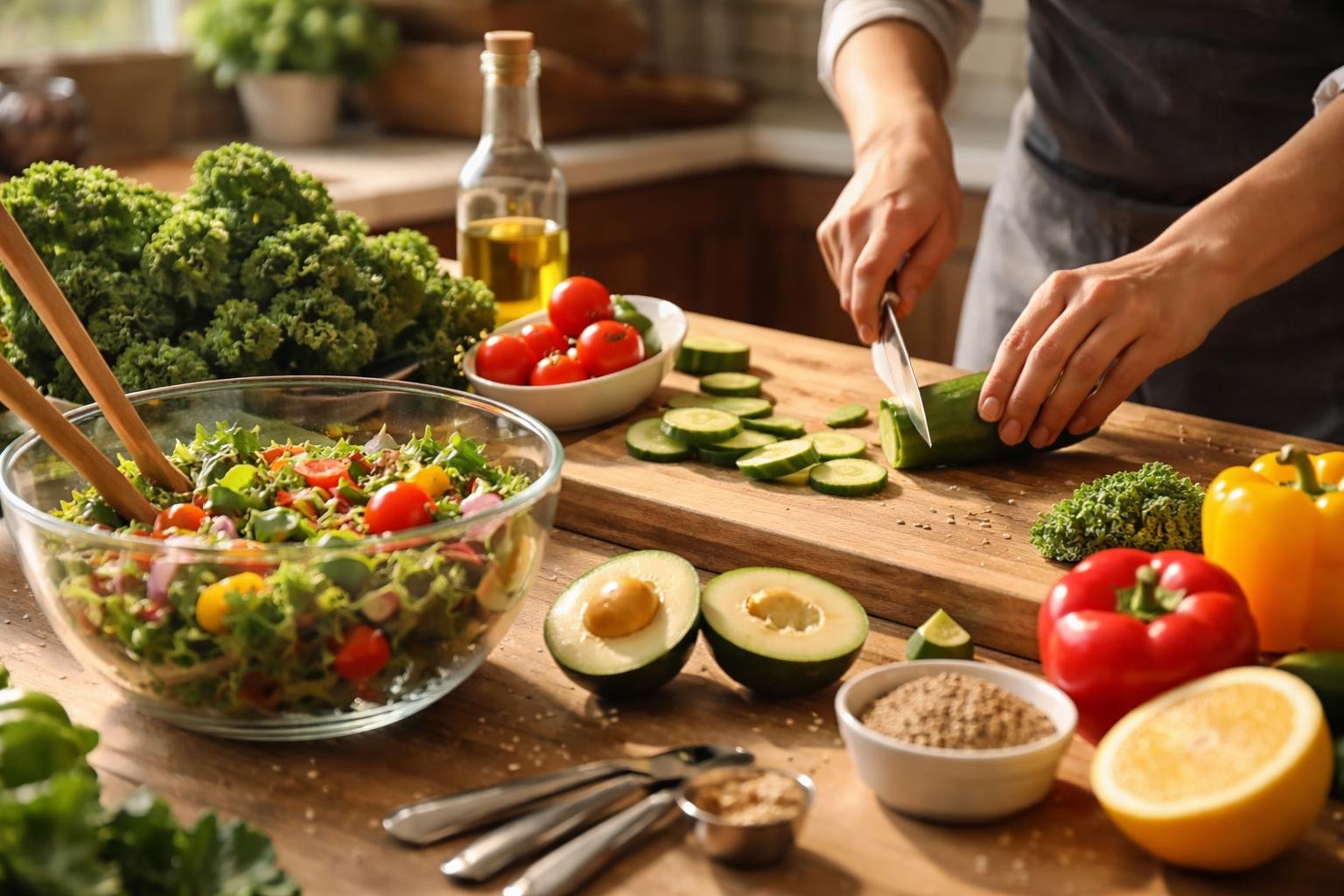 A modern kitchen countertop with fresh vegetables and a person’s hands preparing a healthy salad.