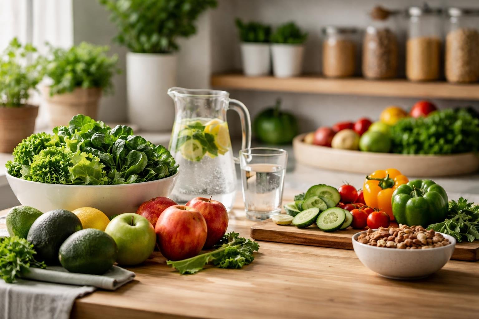 A modern kitchen countertop with fresh fruits, vegetables, a glass water pitcher, and jars of grains, arranged to promote healthy eating.