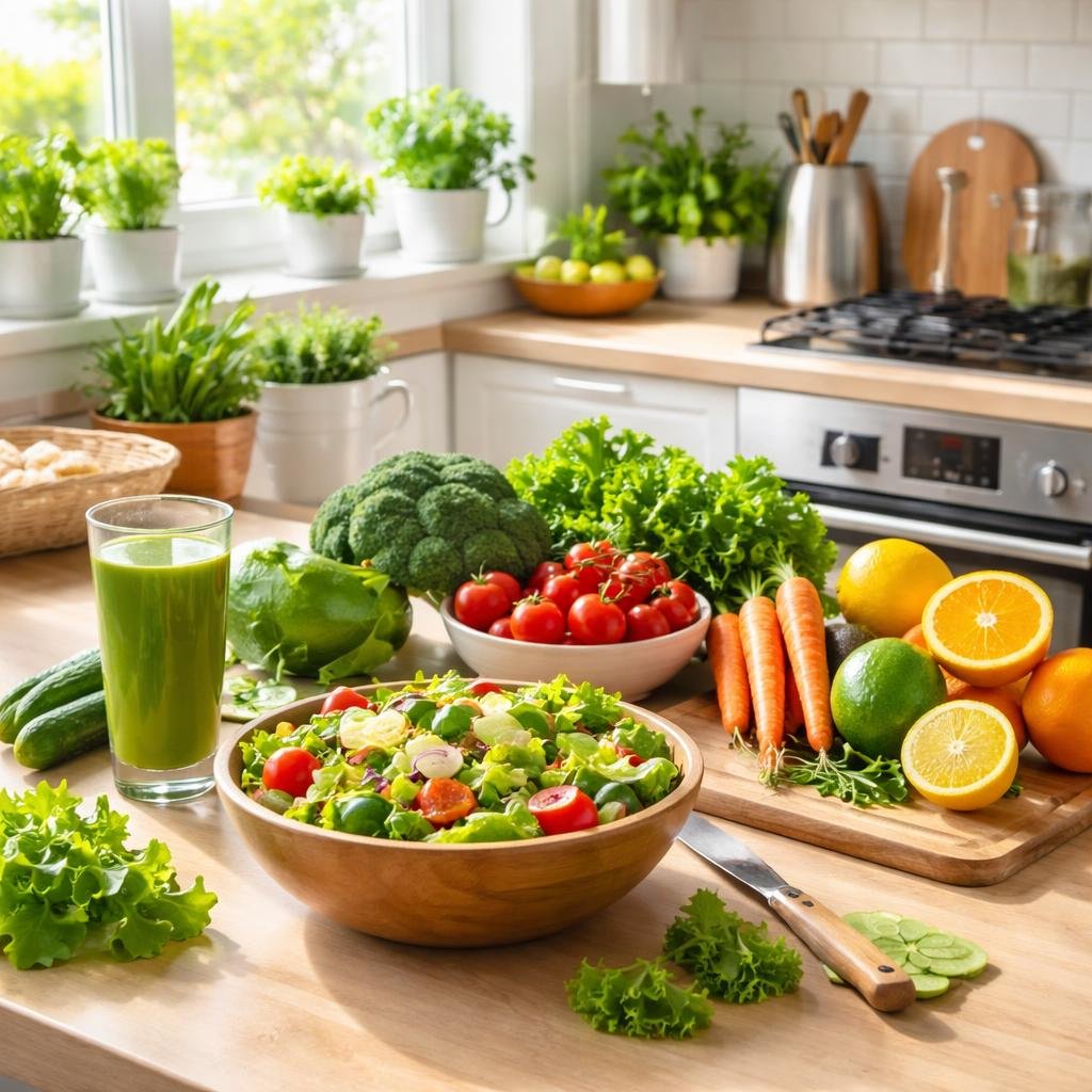 A clean kitchen with fresh vegetables and fruits on the counter, natural light coming through a window, and plants on the windowsill.