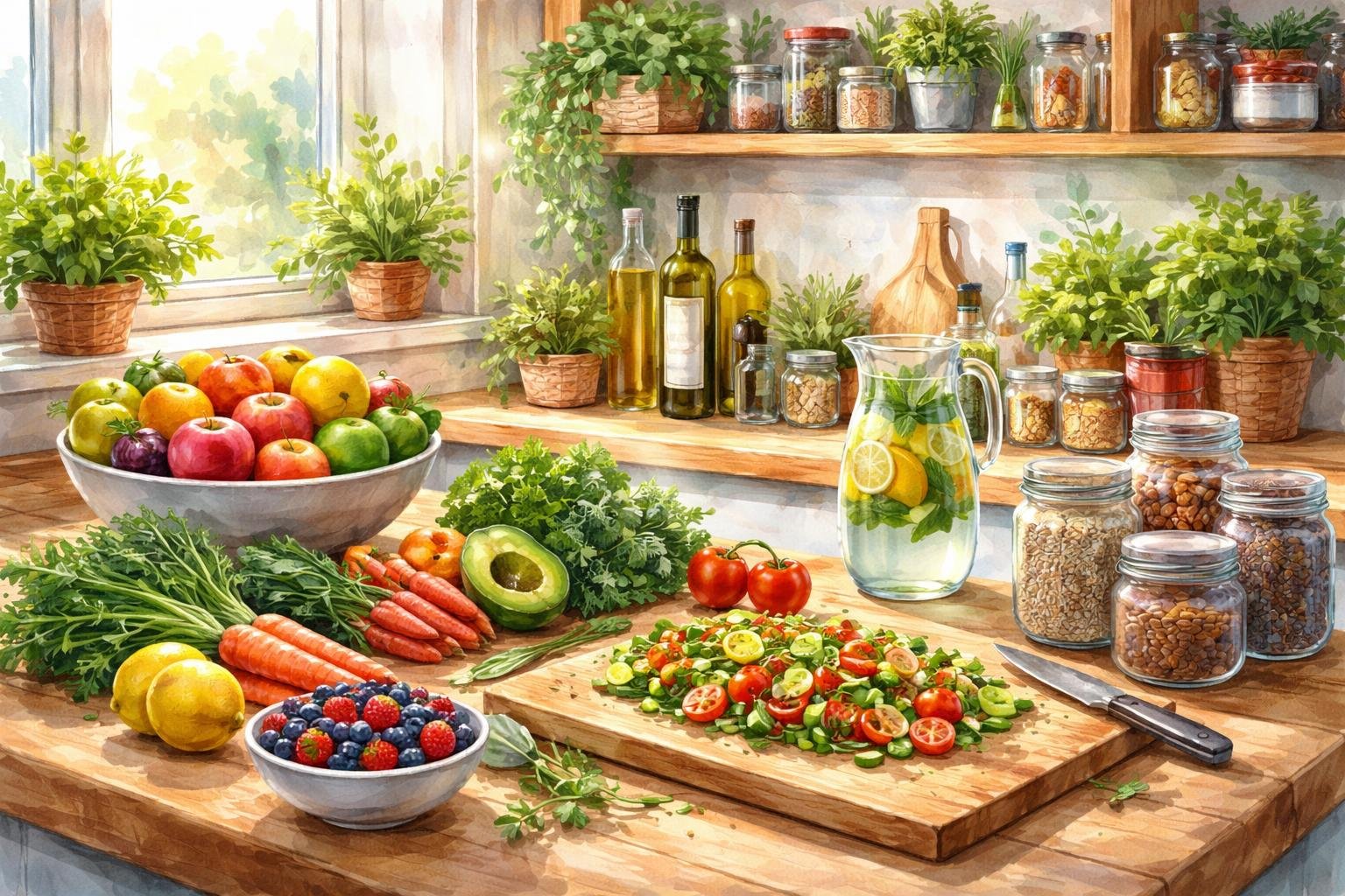A kitchen countertop with fresh fruits, vegetables, nuts, and jars of healthy ingredients arranged neatly under natural light.