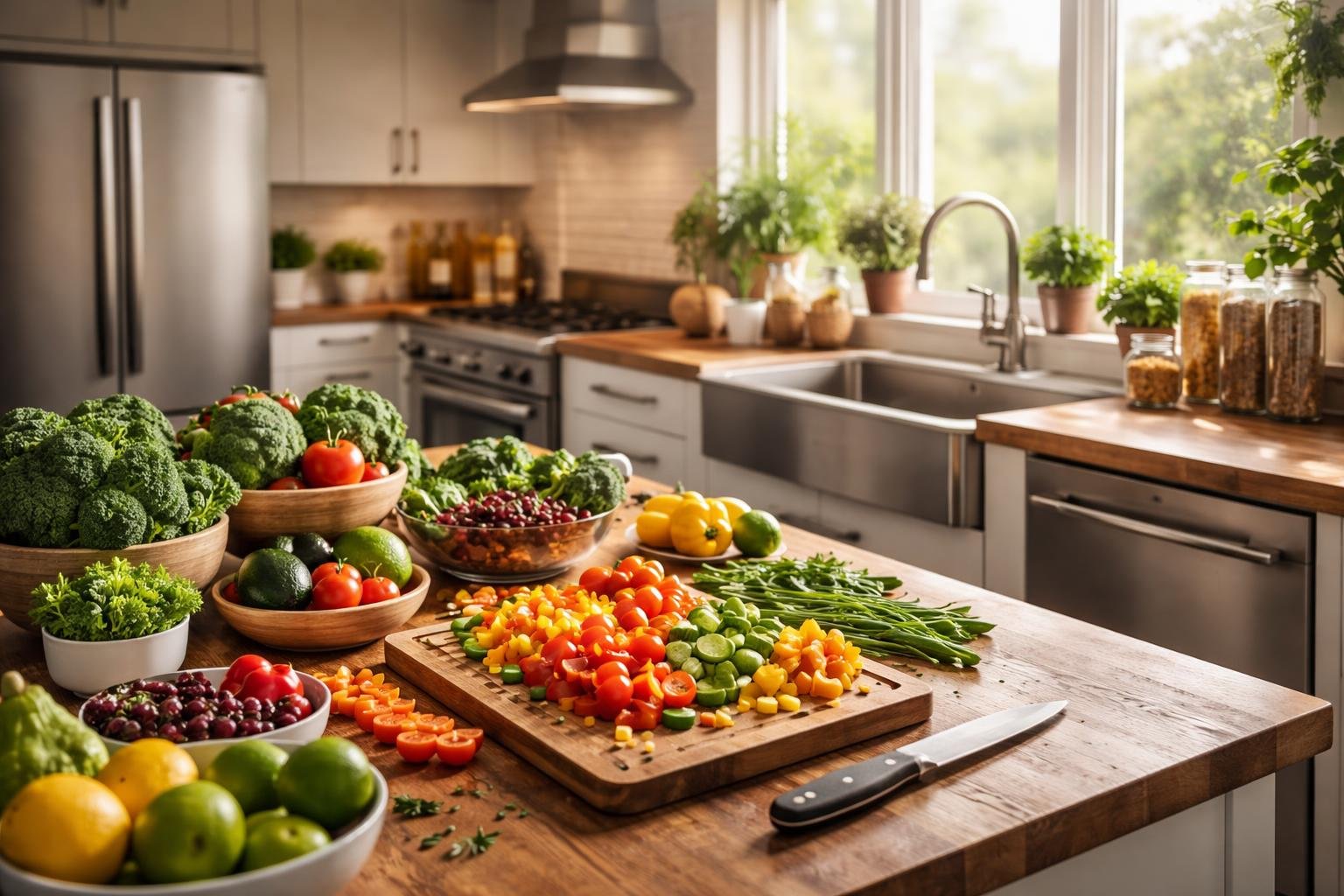 A bright, modern kitchen with fresh vegetables and herbs on a wooden countertop, stainless steel appliances, and natural light coming through large windows.