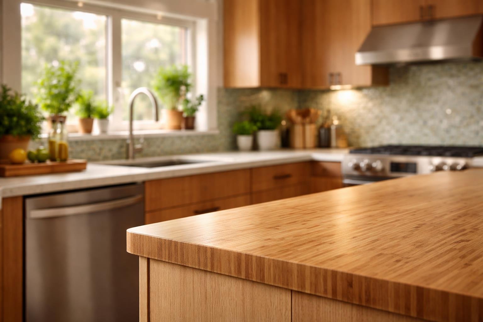 A modern kitchen with eco-friendly materials including bamboo countertops, recycled glass backsplash, stainless steel appliances, potted herbs, and natural wood cabinets illuminated by natural light.