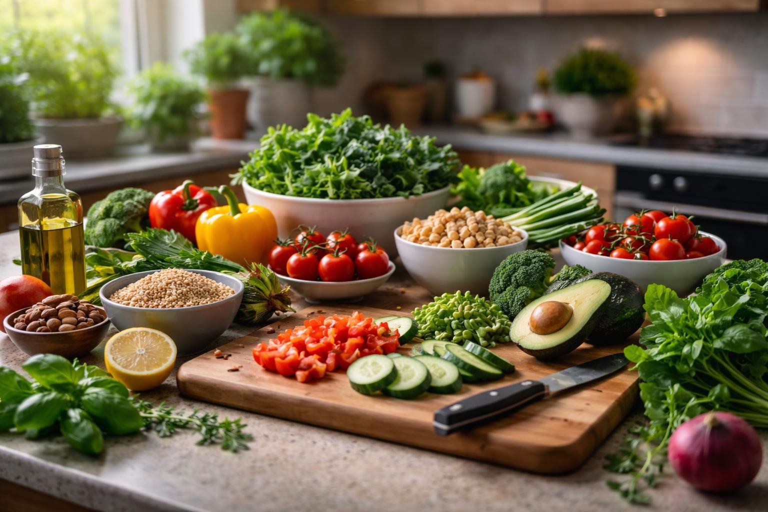 A modern kitchen countertop with fresh vegetables, fruits, nuts, and herbs arranged for healthy meal preparation.