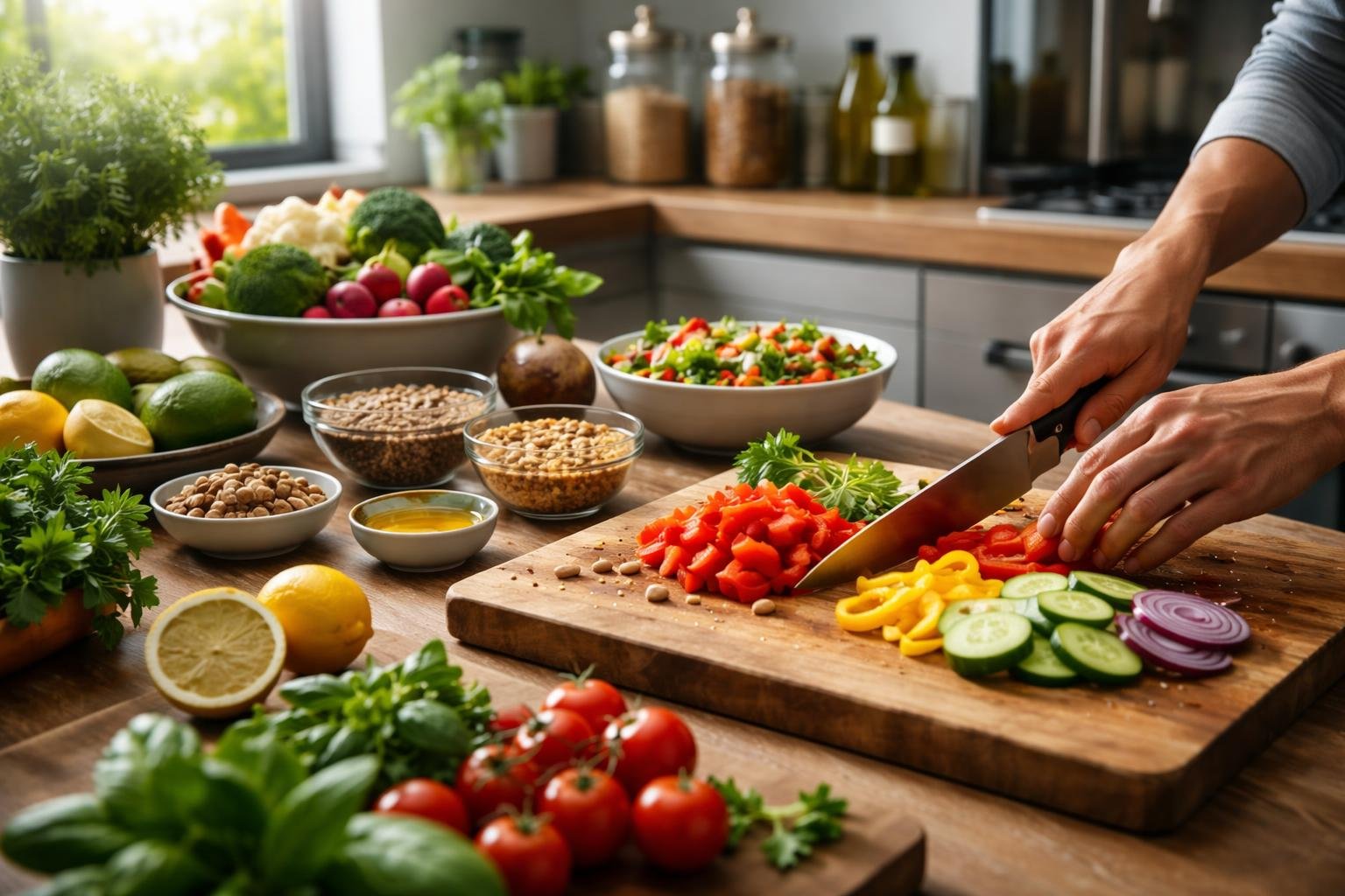 A modern kitchen with fresh vegetables and fruits on a wooden cutting board, a person chopping vegetables, and kitchen appliances in the background.
