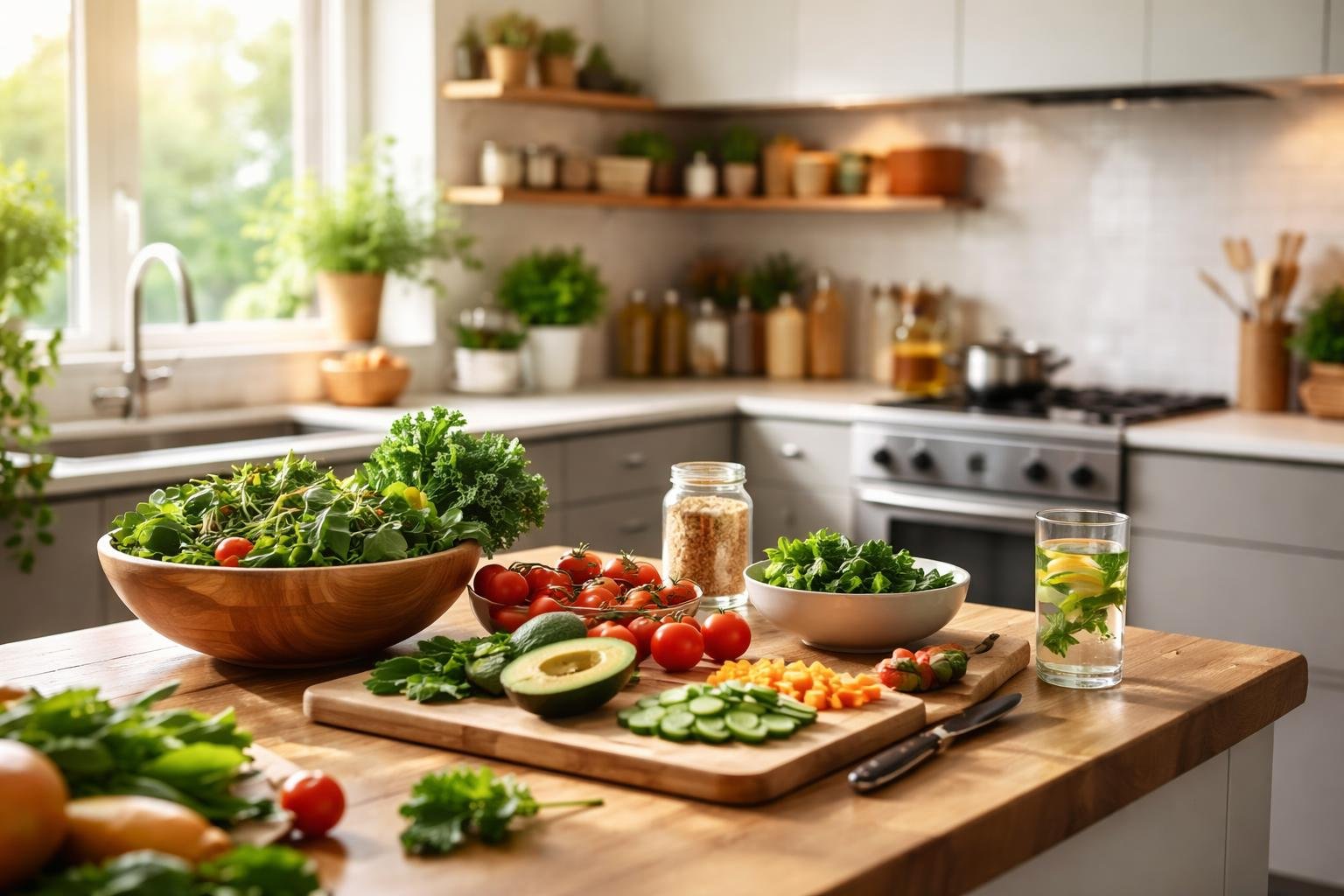 A bright, modern kitchen with fresh vegetables and fruits on a wooden countertop, sunlight coming through large windows, and potted herbs on shelves.