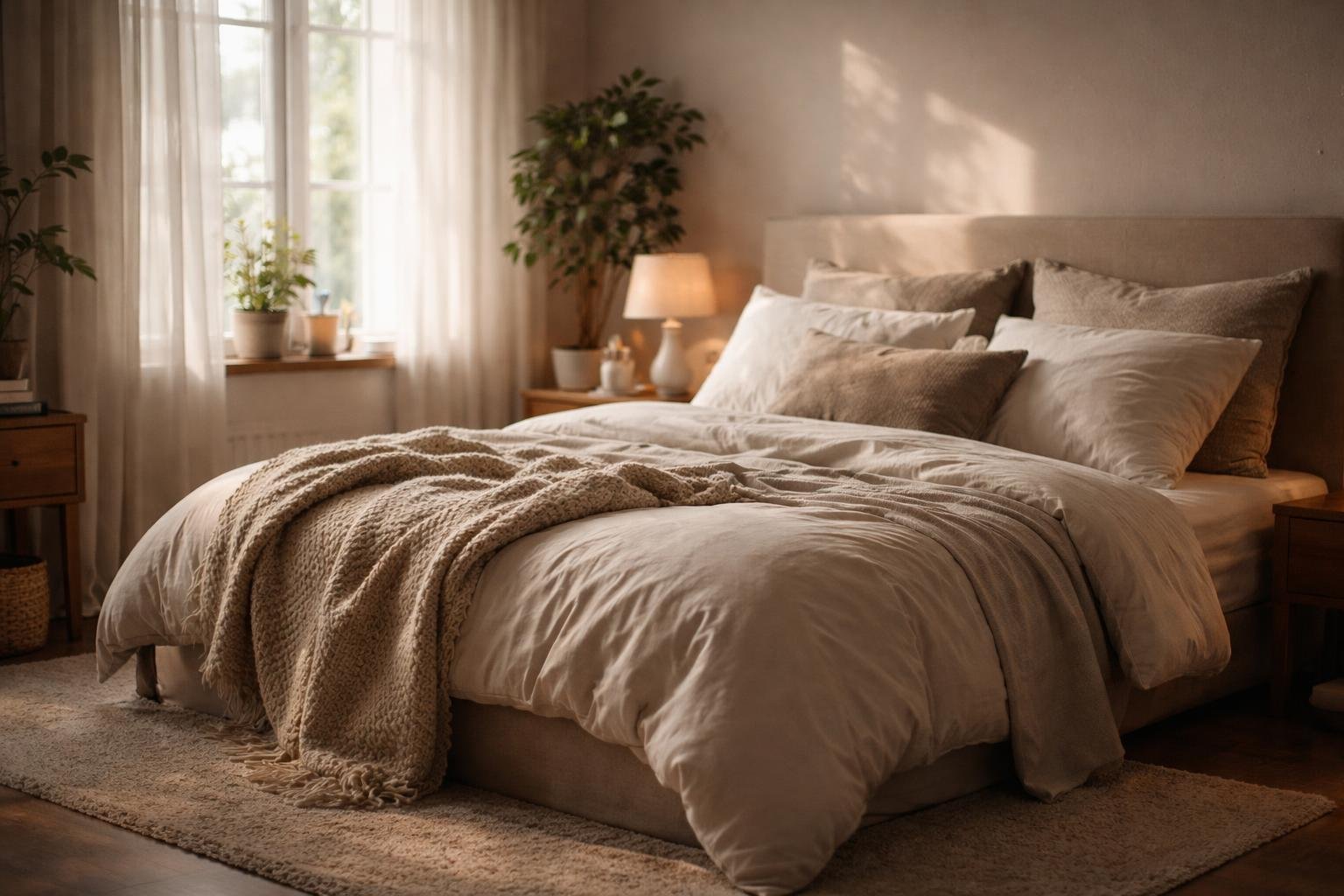 A peaceful bedroom with a neatly made bed, soft linens, wooden furniture, houseplants, and natural light coming through sheer curtains.