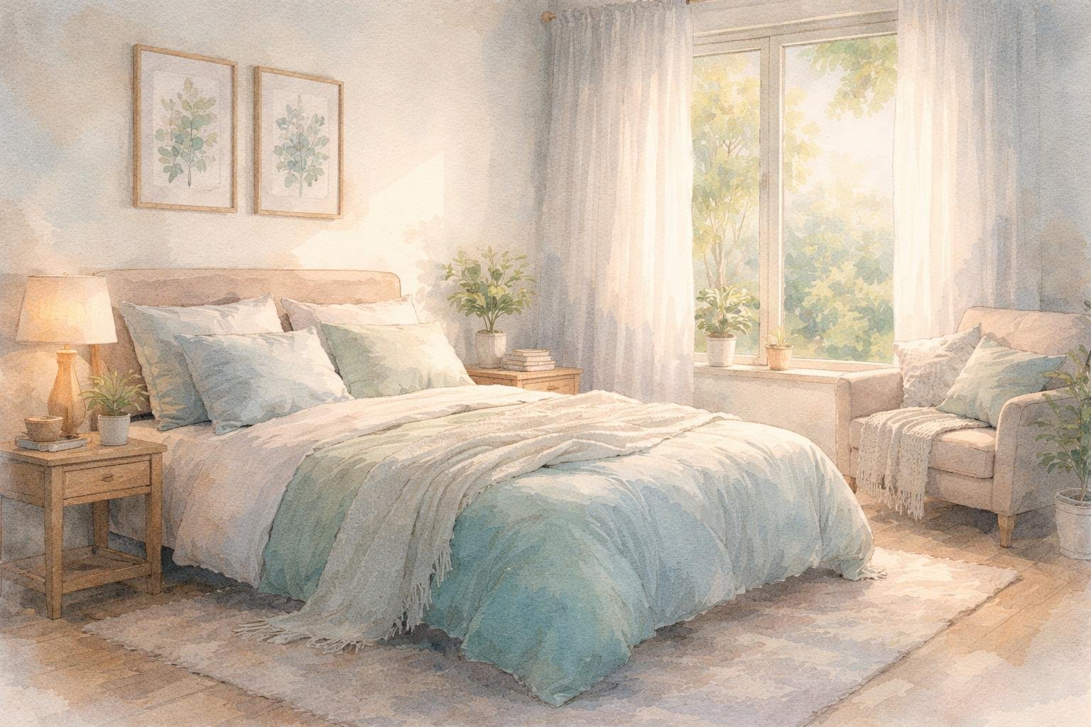A peaceful bedroom with a neatly made bed, soft pillows, a nightstand with a lamp and plant, an armchair by a window, and calming decor.