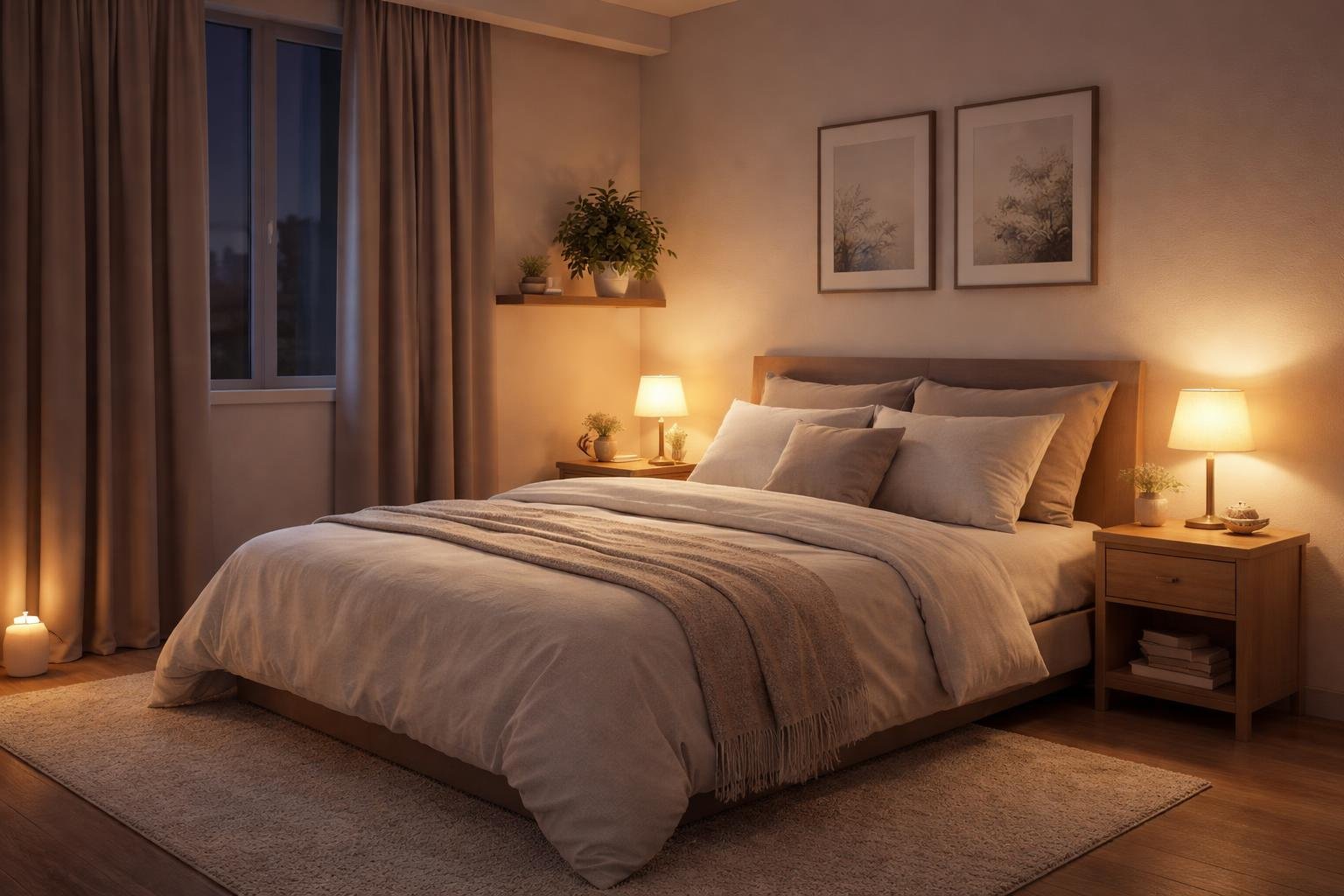 A calm bedroom with a made bed, soft lighting, blackout curtains, a nightstand with a lamp, and a small indoor plant.