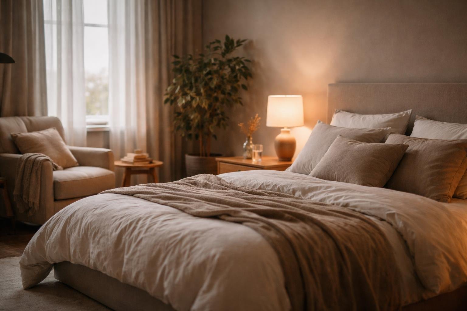 A peaceful bedroom with a neatly made bed, soft linens, a bedside lamp, a window with sheer curtains, a cozy armchair, and a small plant.