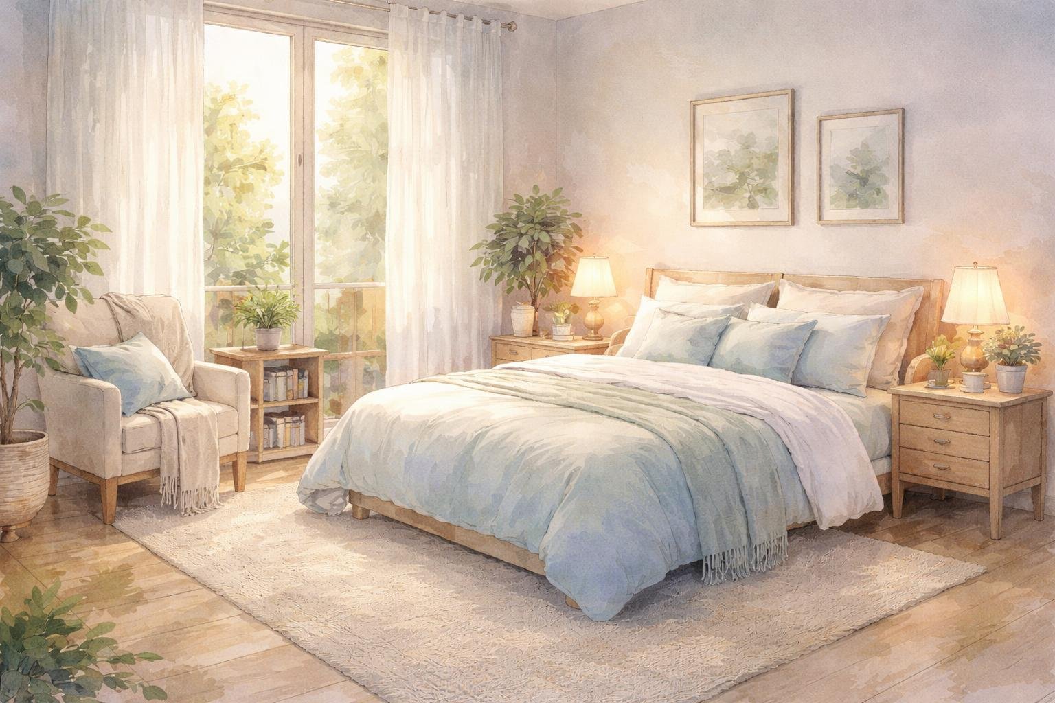 A peaceful bedroom with a cozy bed, soft pillows, gentle natural light, plants, and simple decor creating a restful atmosphere.
