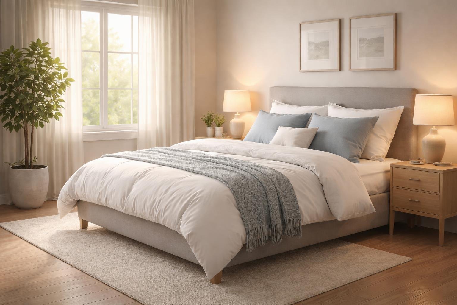 A neatly made bed with comfortable bedding in a peaceful bedroom with soft natural light and calming decor.