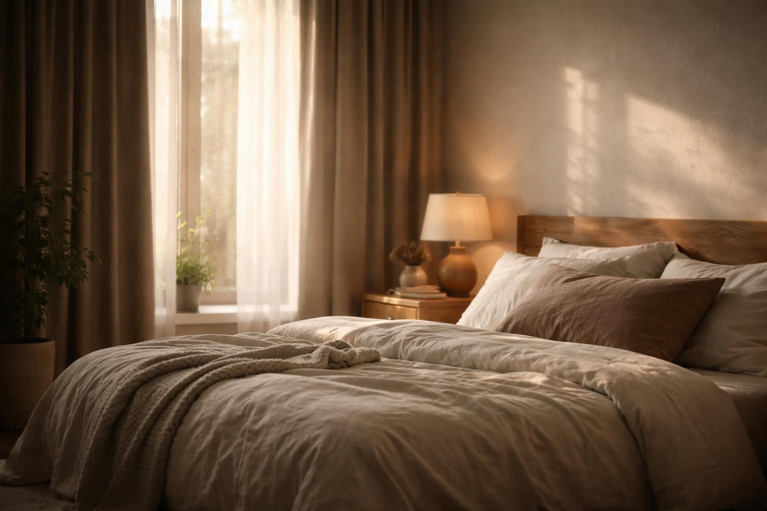 A peaceful bedroom with a neatly made bed near a window letting in soft natural light filtered by partially drawn curtains.