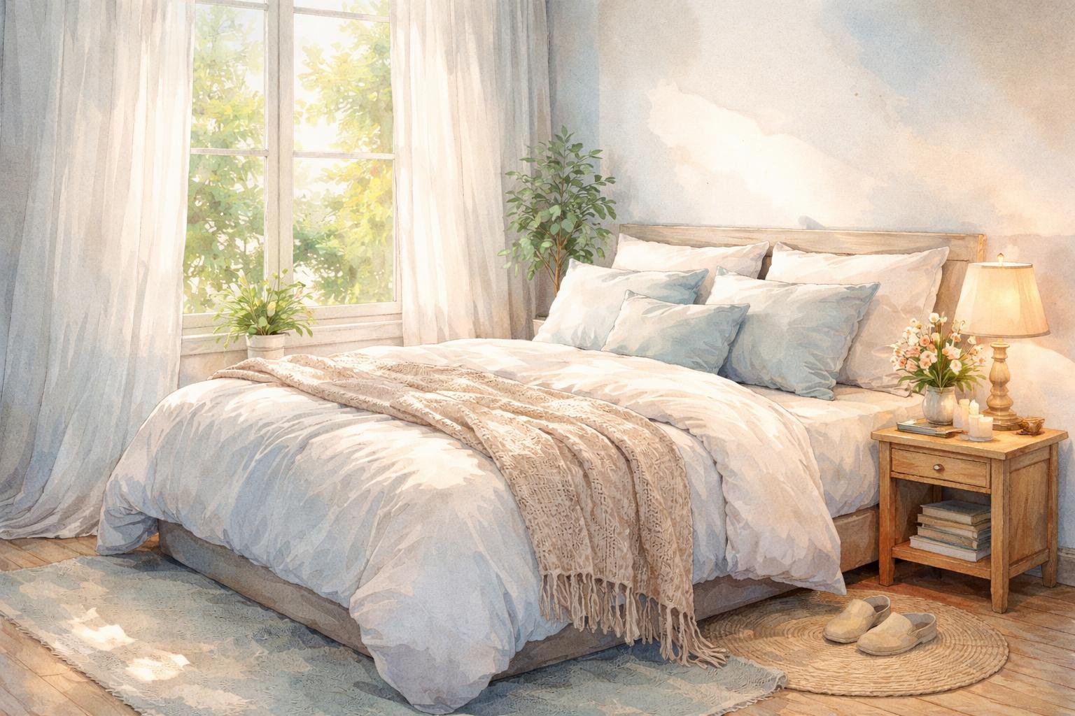 A cozy bedroom with a neatly made bed featuring plush bedding, soft pillows, a duvet, and a blanket, bathed in gentle natural light from a window with sheer curtains, alongside a nightstand with flowers and a lamp.