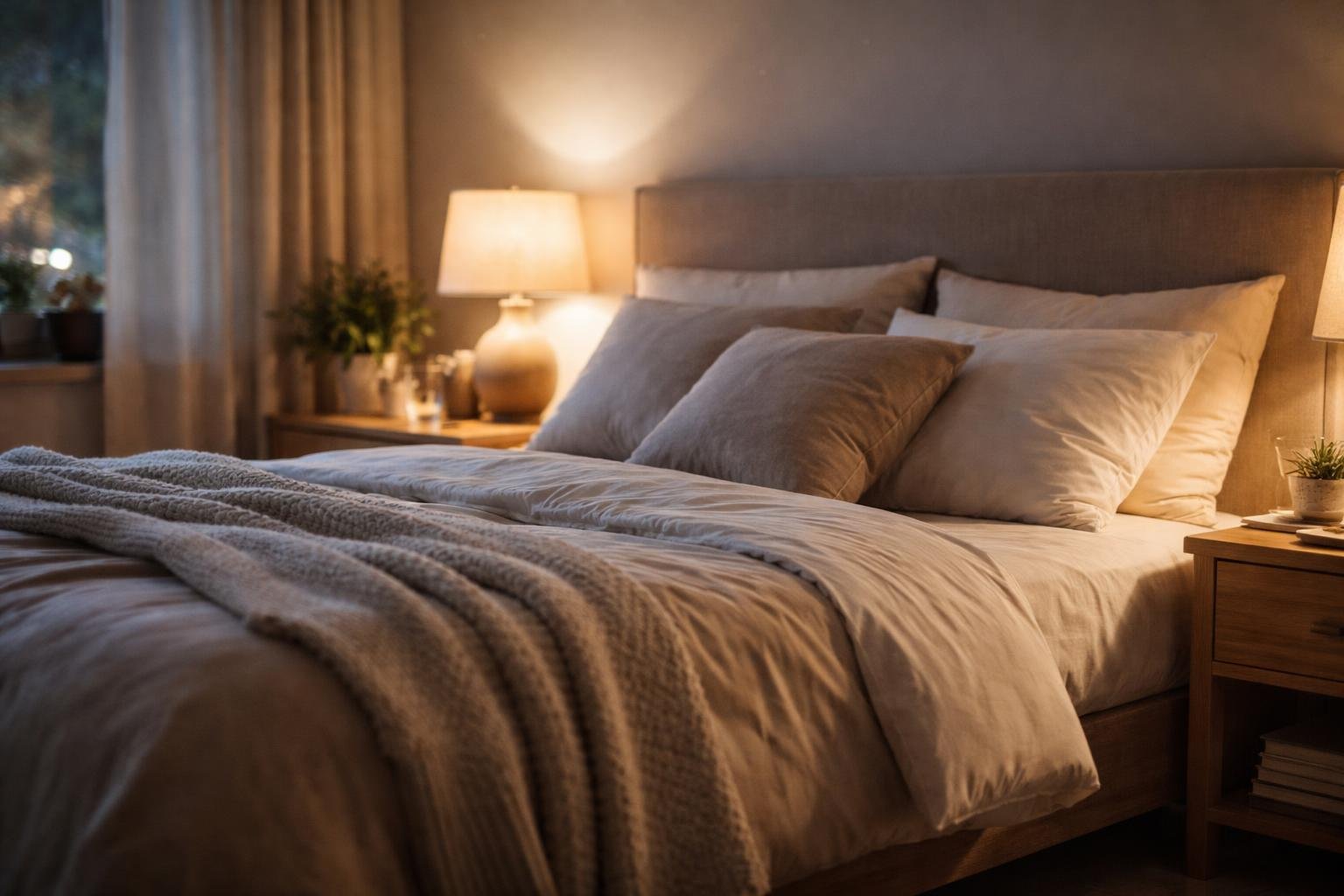 A peaceful bedroom with a neatly made bed, soft pillows, wooden furniture, warm bedside lamps, and gentle natural light creating a calm and restful atmosphere.
