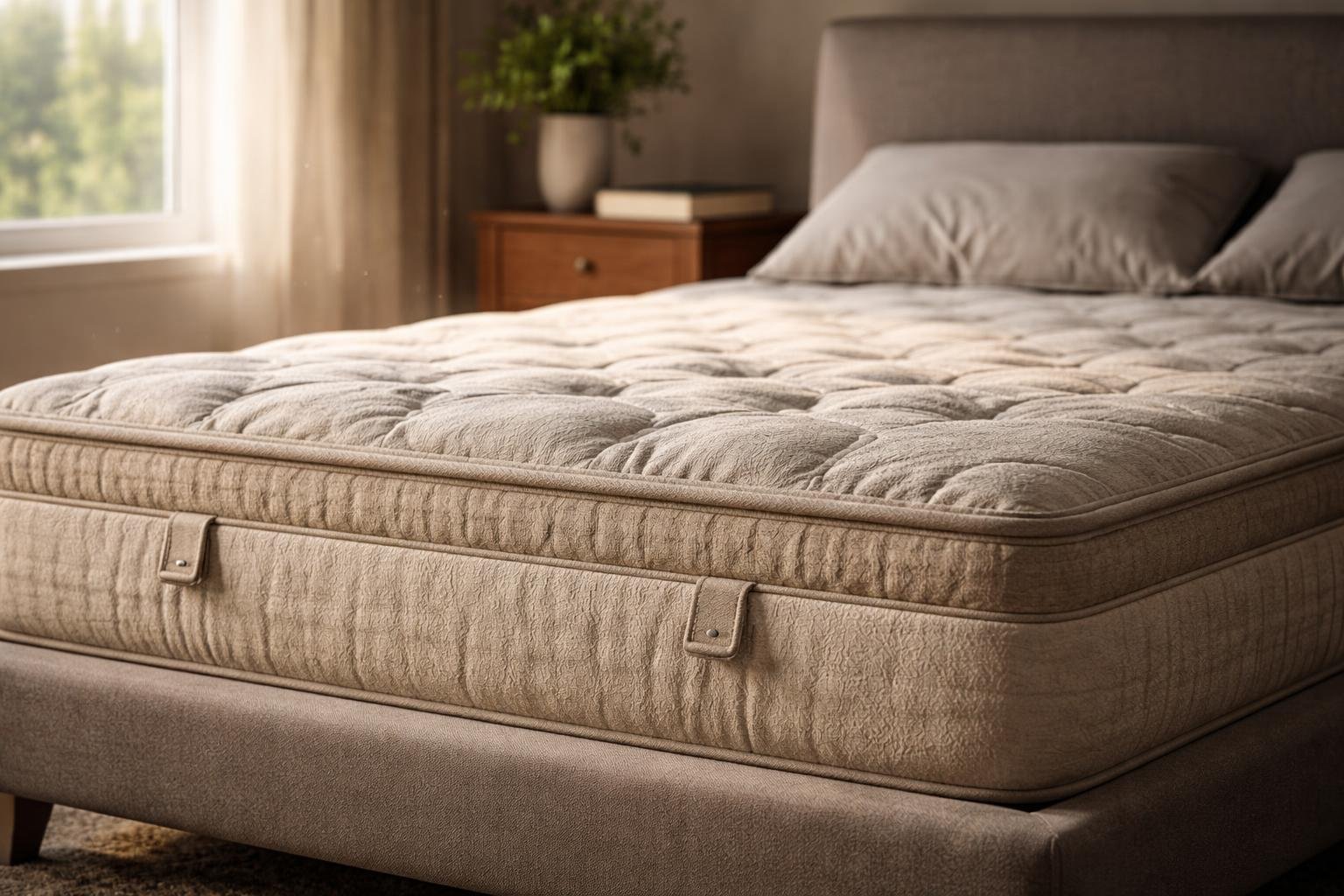 A close-up view of a mattress on a modern bed in a softly lit bedroom with a bedside table and a small plant nearby.