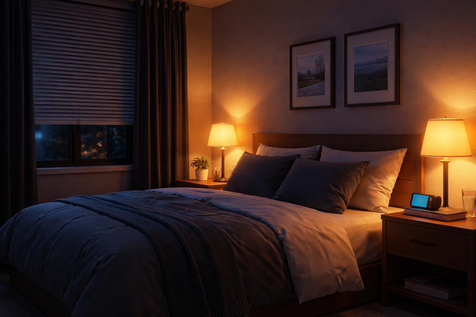 A cozy bedroom with warm bedside lighting, closed blinds, and a neatly made bed creating a calm and sleep-friendly atmosphere.