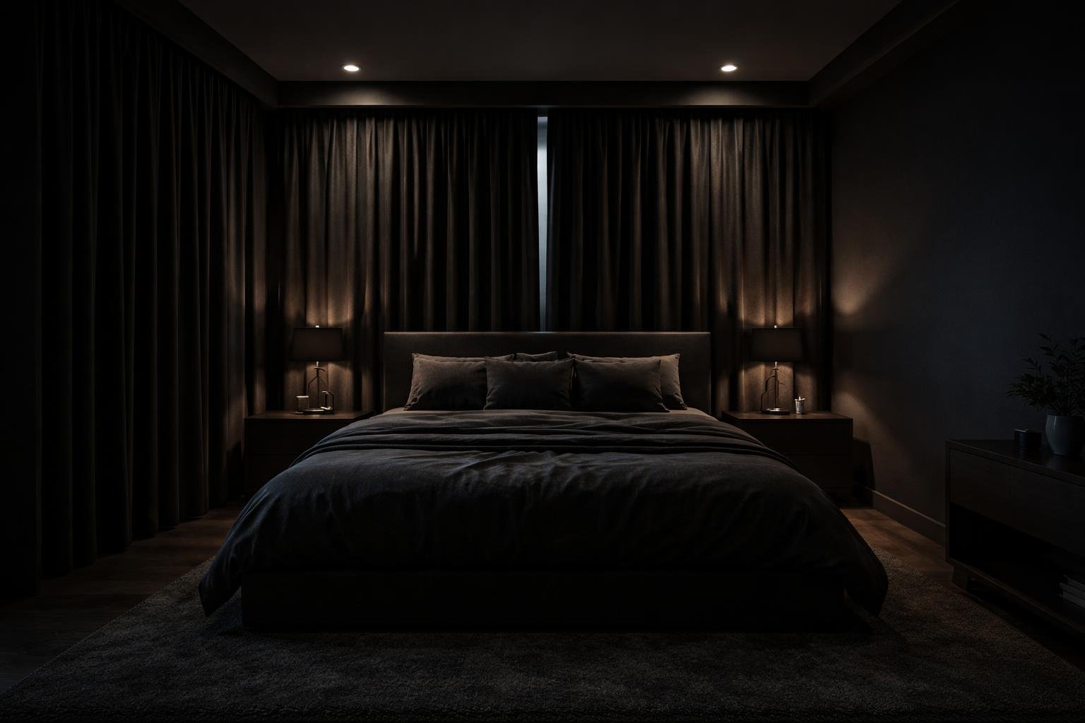 A bedroom with large windows covered by dark blackout curtains, creating a completely dark and peaceful sleep environment.