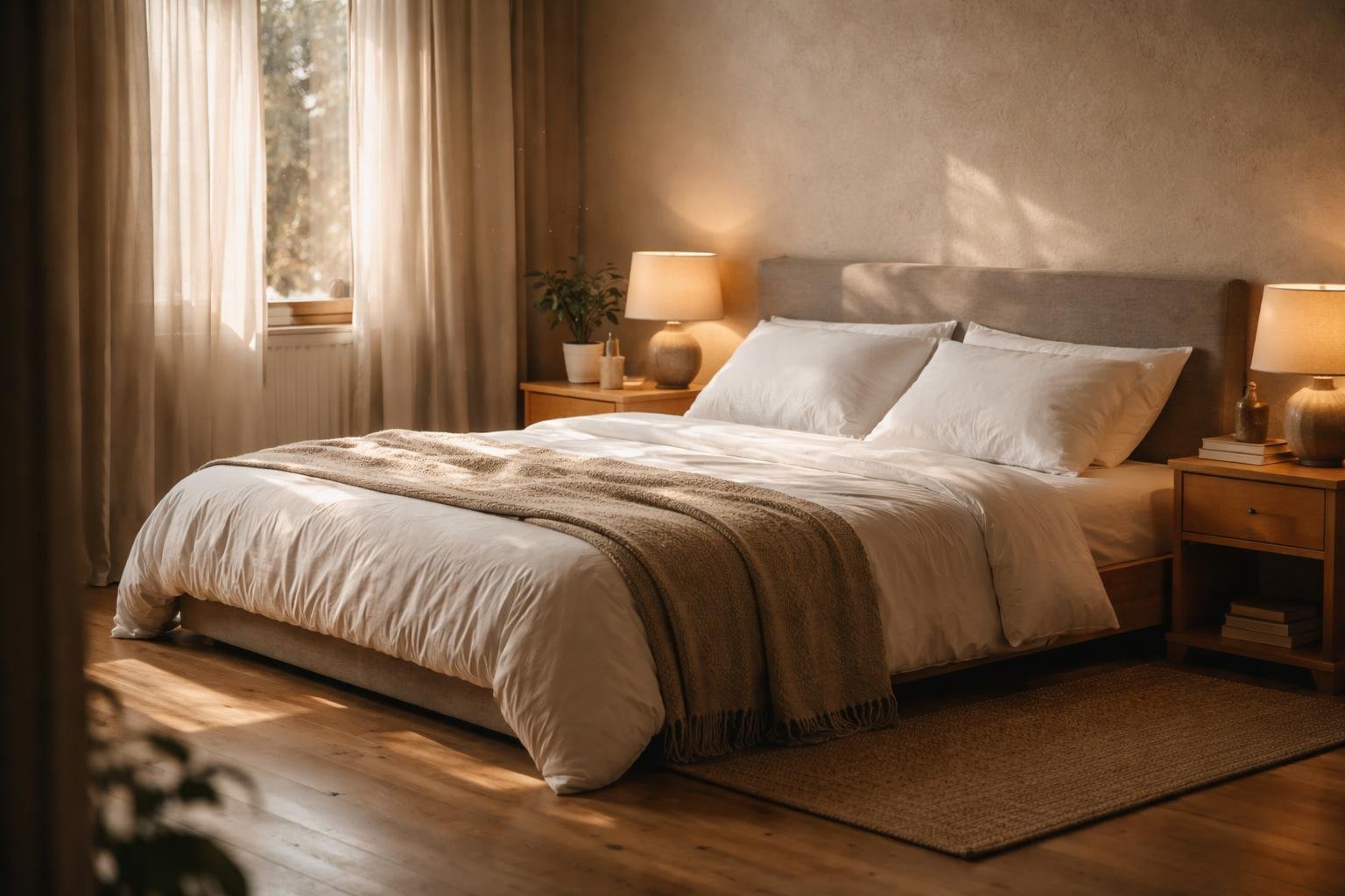 A clean and tidy bedroom with a neatly made bed, wooden nightstands, a small plant, soft natural light coming through a window with sheer curtains, and a clear floor creating a calm and peaceful atmosphere.