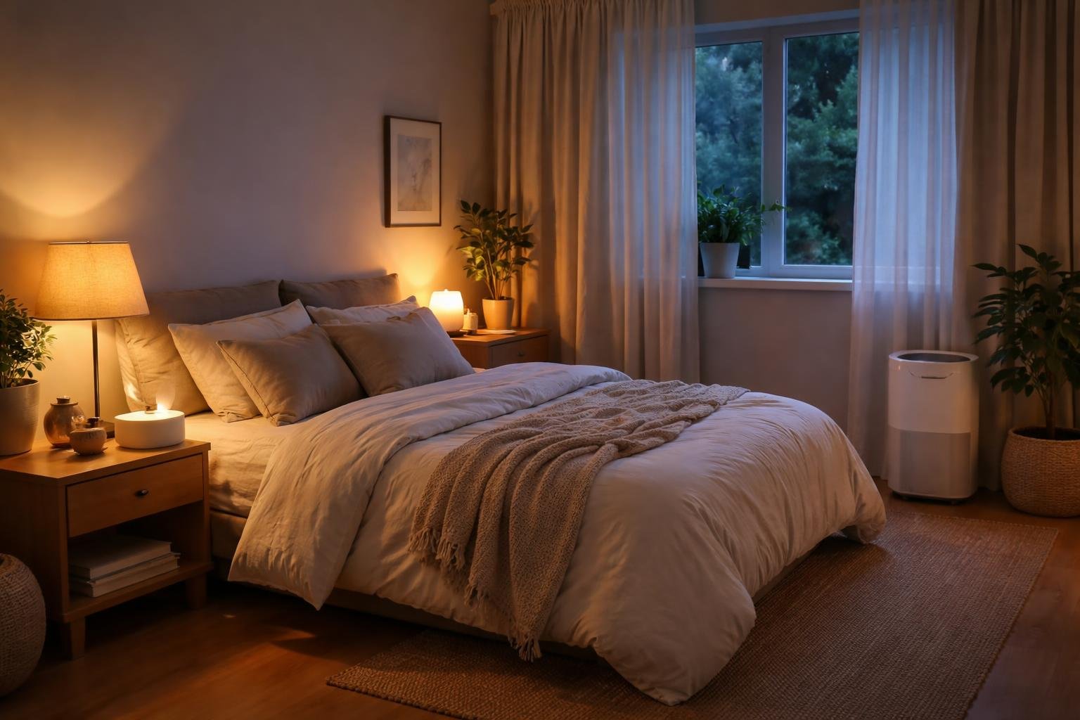 A peaceful bedroom with a bed, soft lighting, an essential oil diffuser, a white noise machine, and an air purifier, creating a restful environment.
