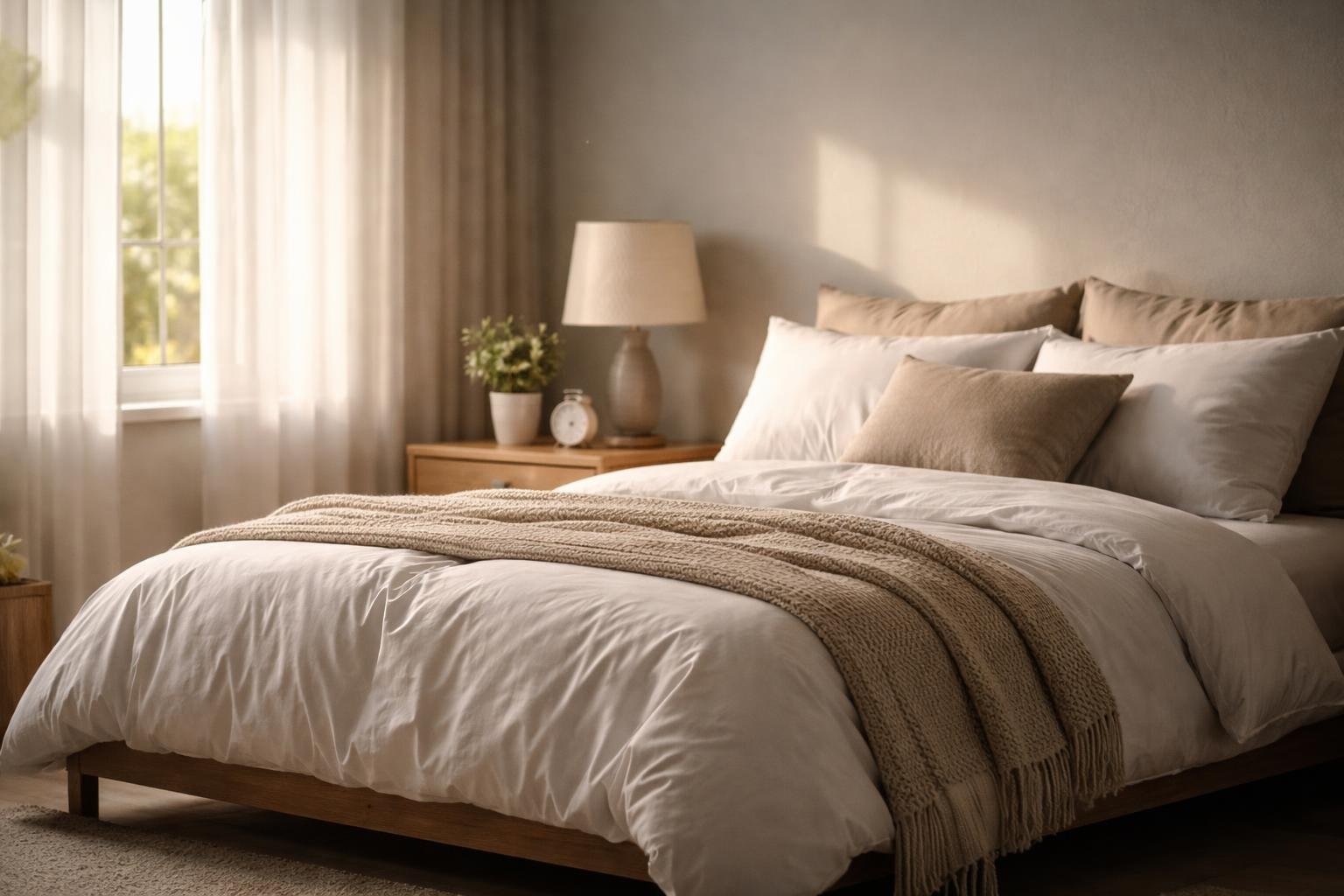 A clean, tidy bedroom with a neatly made bed, soft natural light coming through sheer curtains, a wooden nightstand with a small plant and alarm clock, and a calm, peaceful atmosphere.