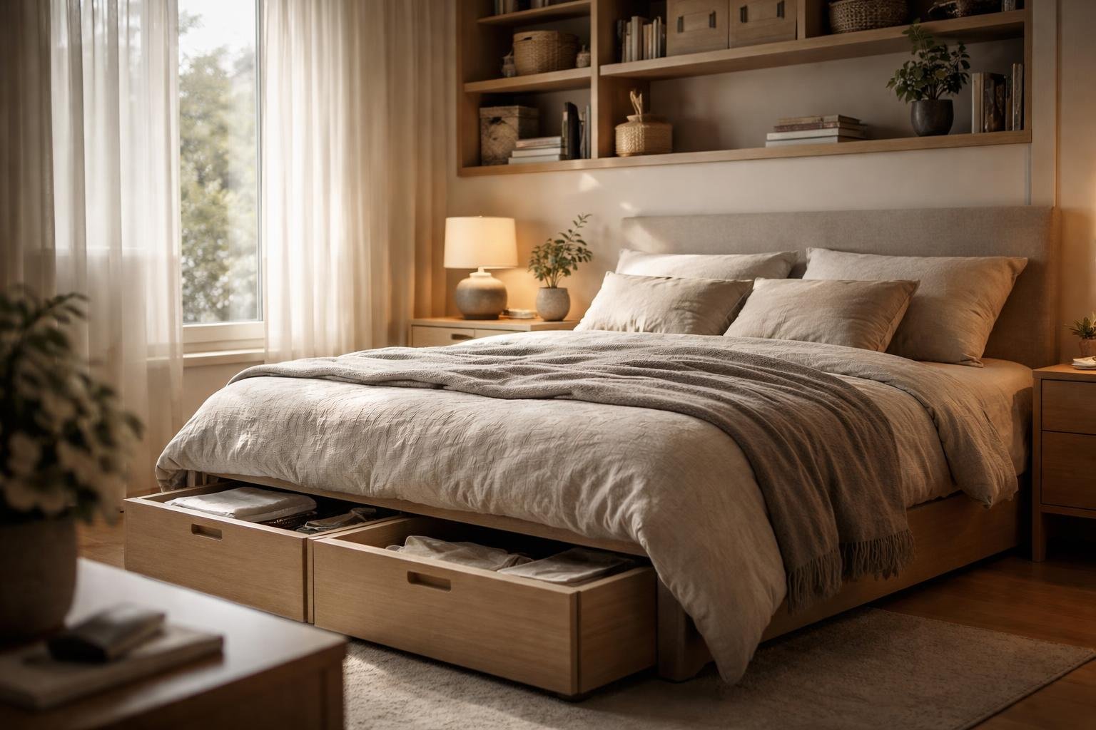 A neatly organized bedroom with built-in shelves and under-bed drawers, soft natural light, a minimalist nightstand with a plant and lamp, and plush bedding.