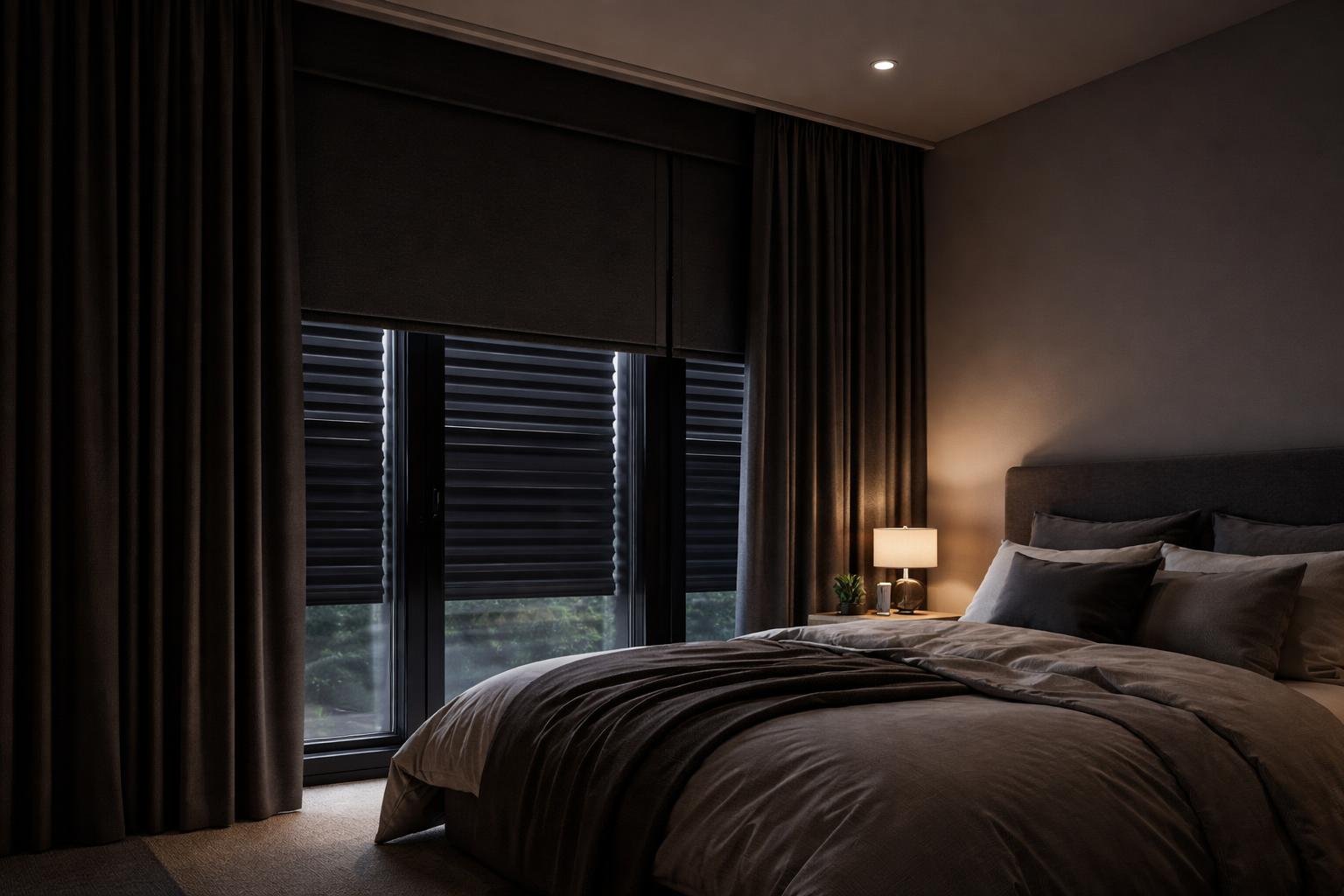 A bedroom with a large window showing multiple blackout window coverings blocking daylight to create a dark, peaceful sleep environment.