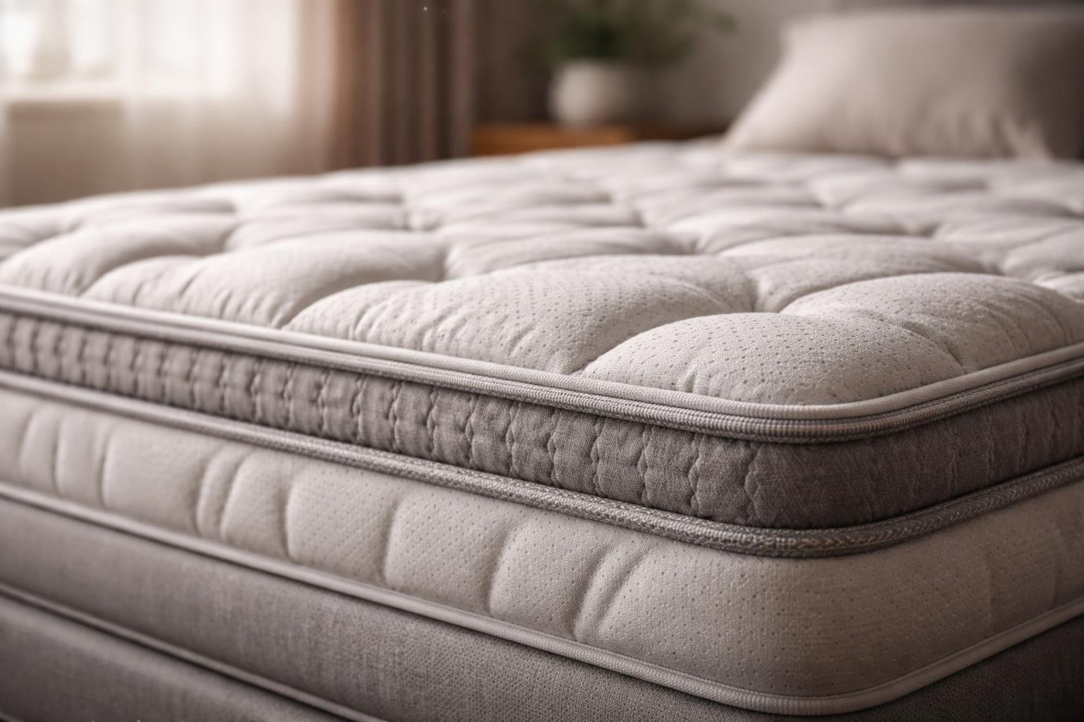 Close-up of a mattress surface showing detailed fabric texture and stitching with a blurred bedroom background.