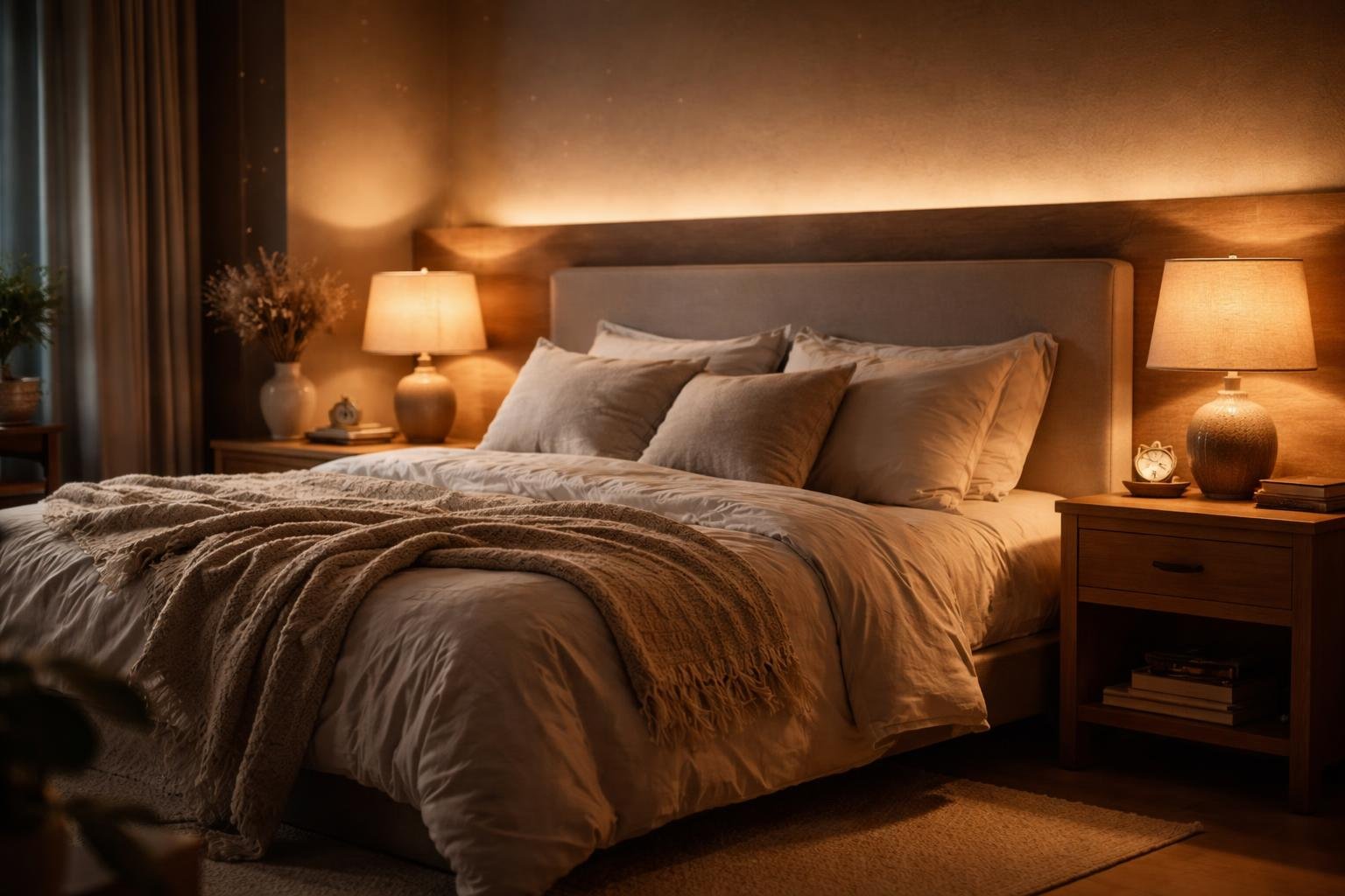 A cozy bedroom with layered warm lighting, a neatly made bed with textured bedding, a glowing bedside lamp, and soft ambient light creating a calm and restful atmosphere.