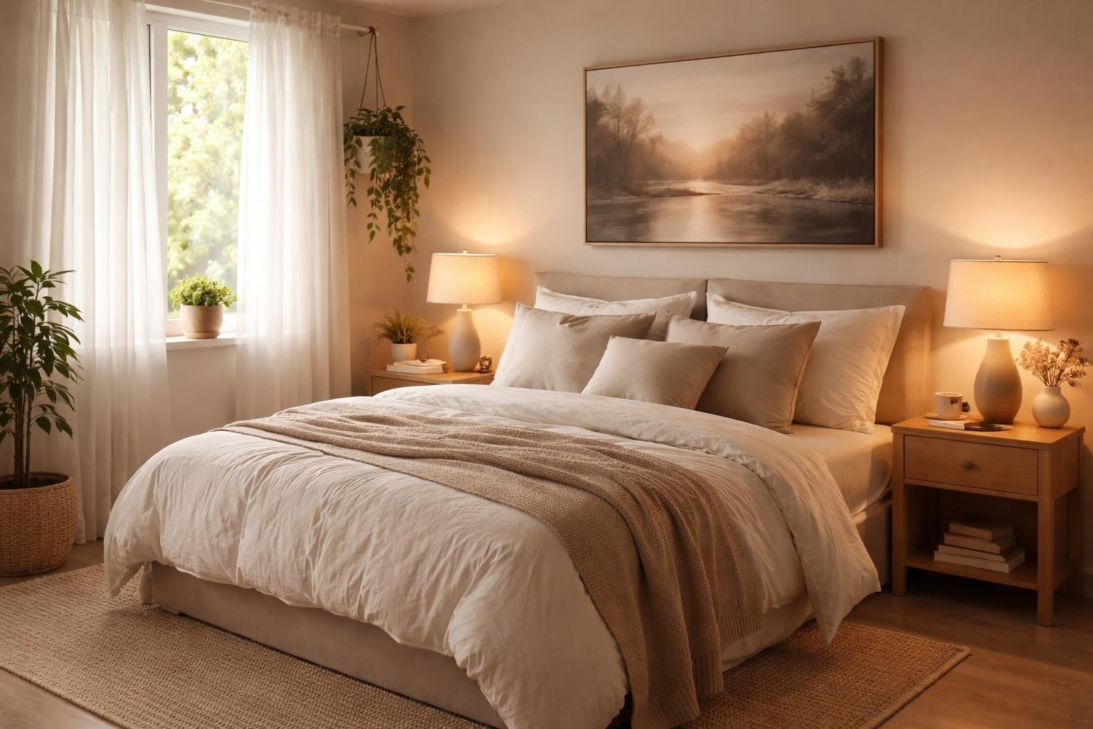 A peaceful bedroom with a neatly made bed, soft lighting, plants, and calming decor creating a restful atmosphere.