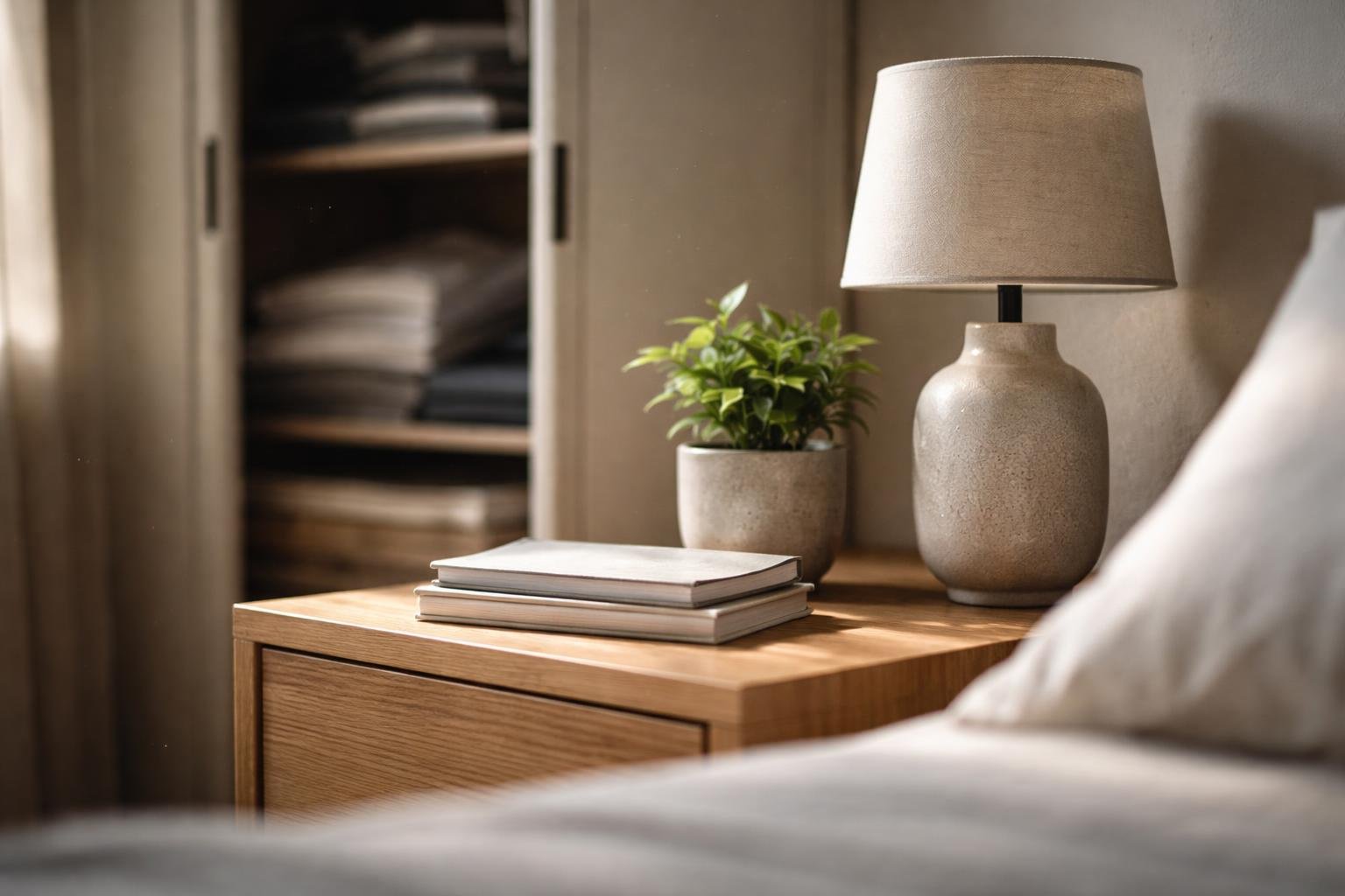 A tidy bedroom surface with a wooden bedside table holding books, a lamp, and a small plant, next to an open wardrobe showing neatly folded clothes.