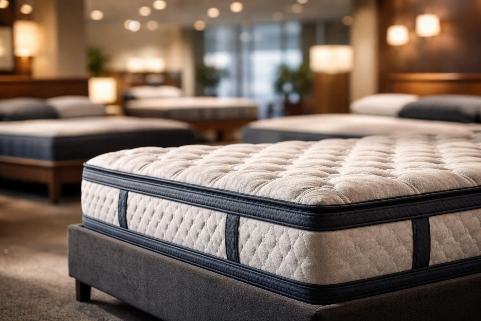 A premium mattress displayed in a modern showroom with soft lighting and blurred background elements.