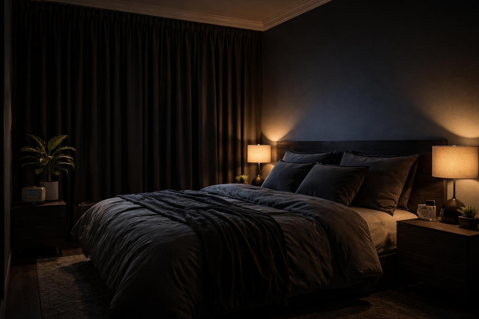 A bedroom with blackout curtains drawn over a window, a bed with dark bedding, soft ambient lighting, and a bedside table with a dim lamp.