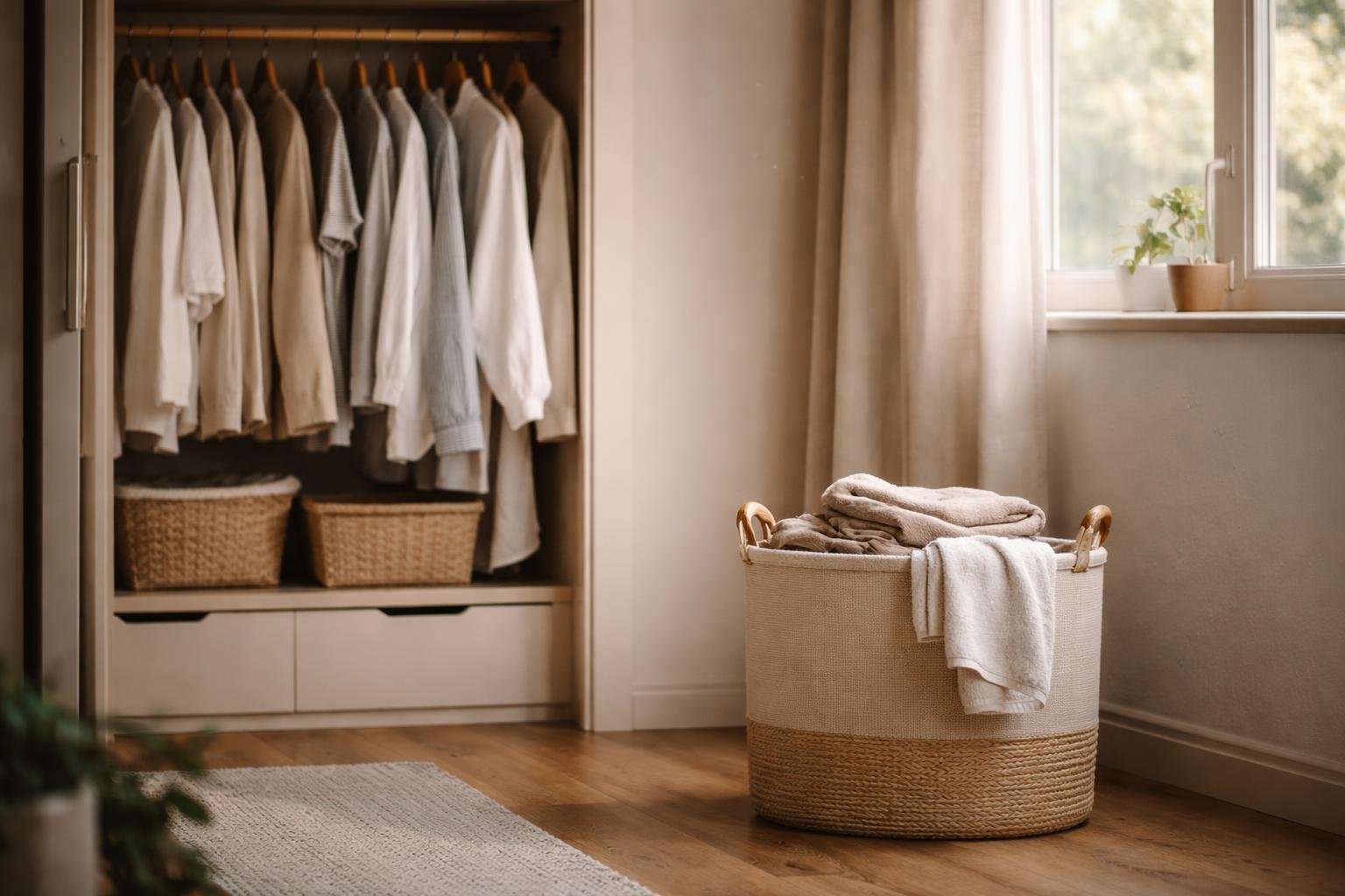 A tidy bedroom corner with an organized open closet and a laundry basket on a wooden floor, bathed in soft natural light.
