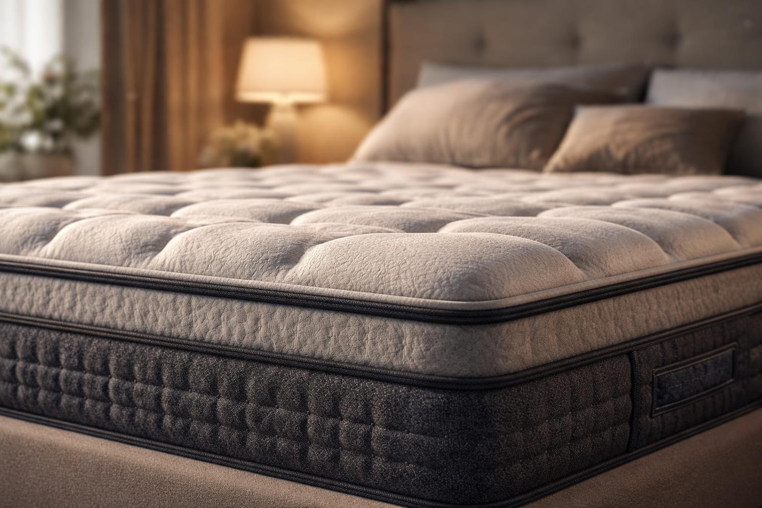 A close-up view of a comfortable mattress in a cozy bedroom with pillows and a headboard in the background.