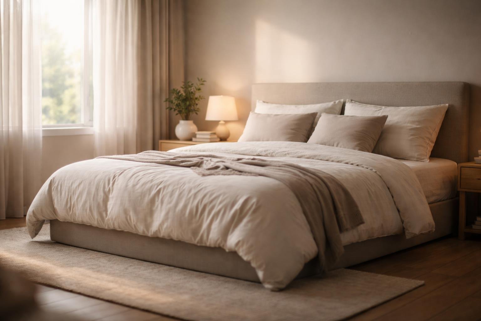 A neatly arranged bedroom with a made bed, soft natural light coming through sheer curtains, a bedside table with a small plant and lamp, and minimal decor creating a calm and restful atmosphere.