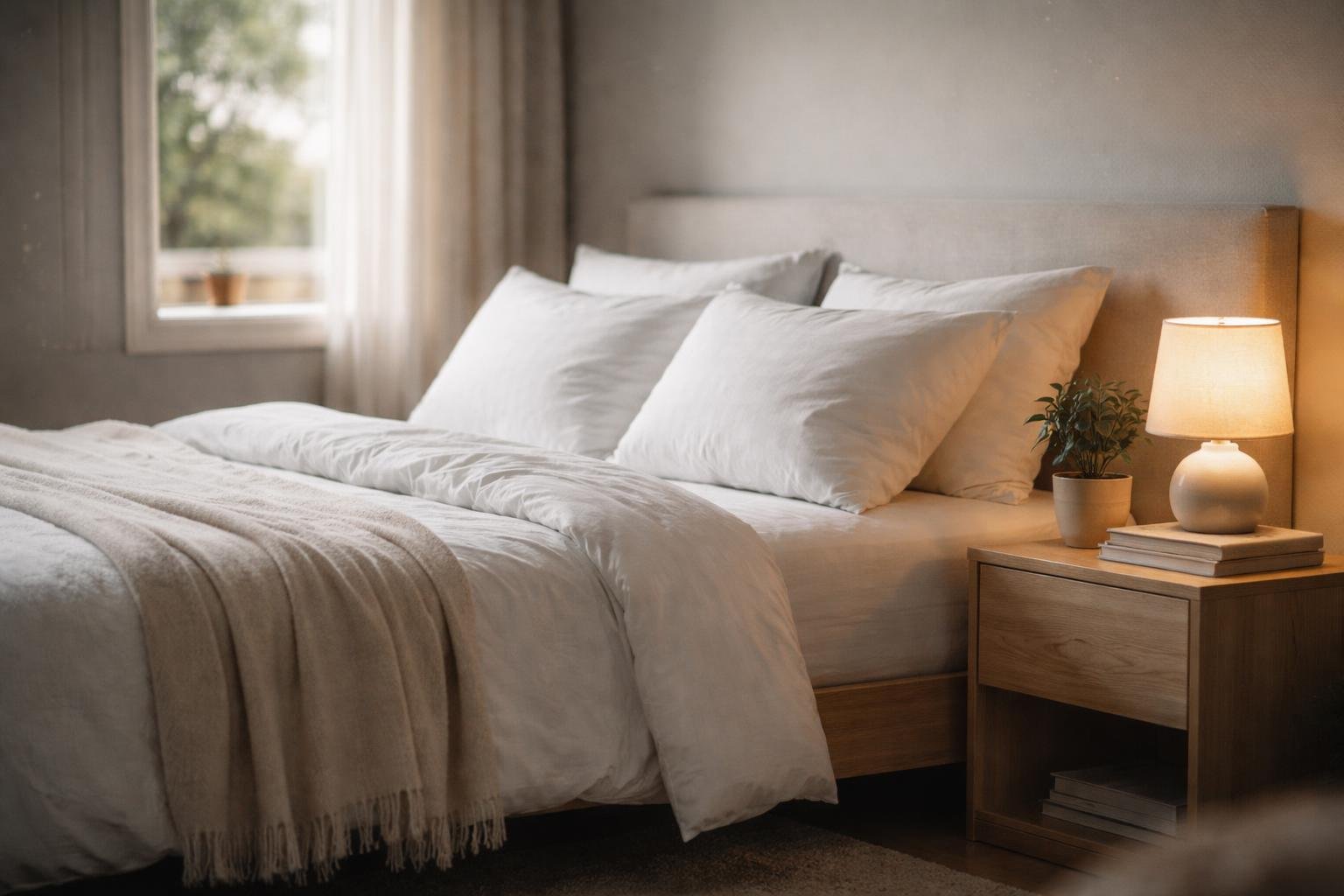 A tidy bedroom with a neatly made bed, soft natural light coming through a window, and a small plant on a wooden nightstand.