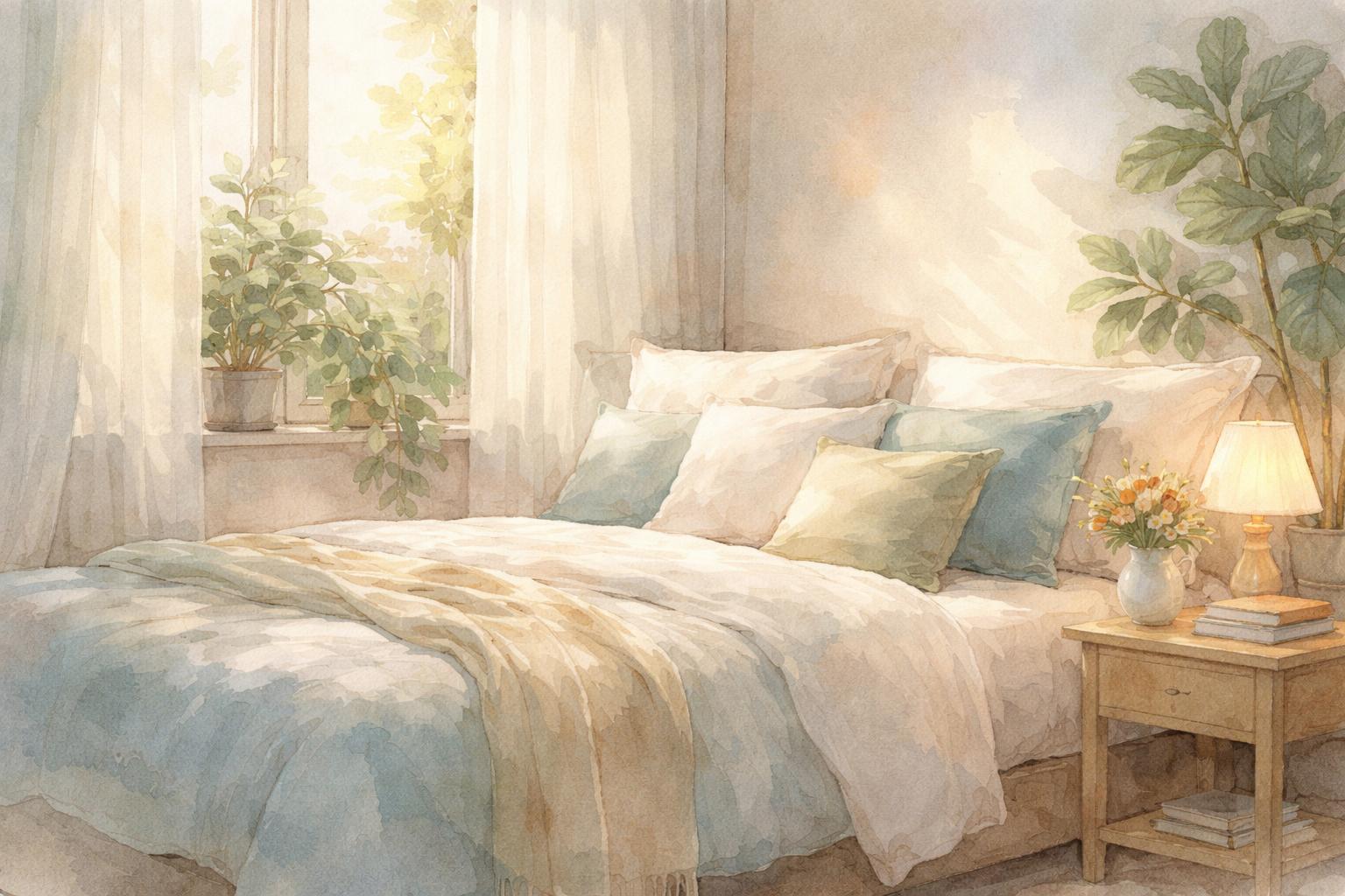 A peaceful bedroom with a cozy bed, soft pillows, sheer curtains letting in sunlight, a nightstand with flowers and a lamp, and indoor plants creating a calming atmosphere.