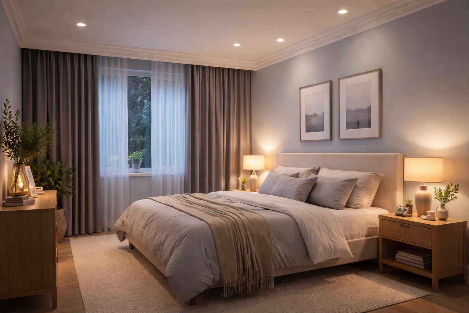 A master bedroom with a large bed, soft bedding, warm bedside lighting, pastel blue walls, blackout curtains, and natural wooden furniture creating a calm and restful atmosphere.