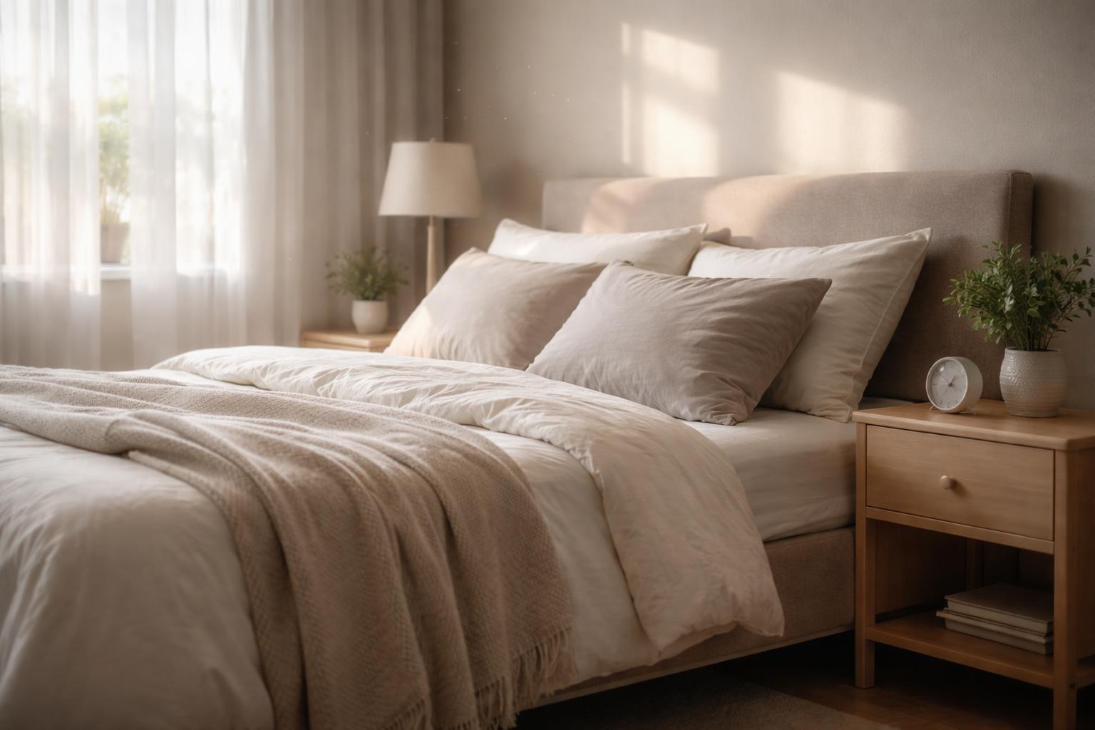 A clean and tidy bedroom with a neatly made bed, soft natural light coming through sheer curtains, and simple wooden furniture, creating a calm and peaceful atmosphere.
