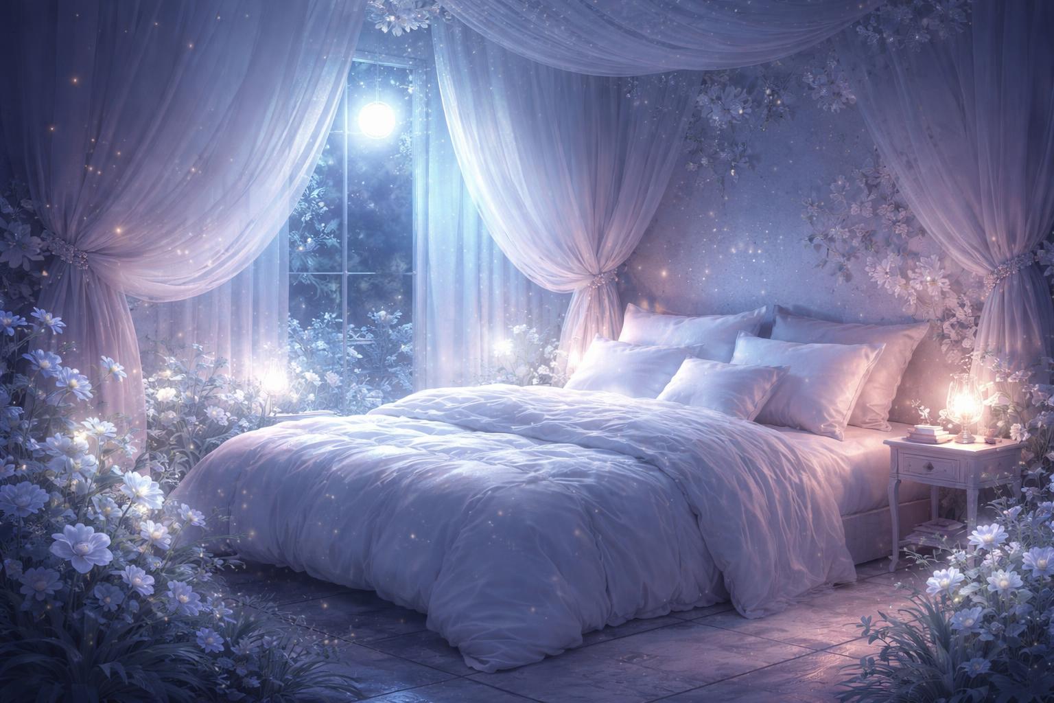 A peaceful bedroom with a large bed surrounded by glowing plants and soft moonlight, creating a calm and restful atmosphere.